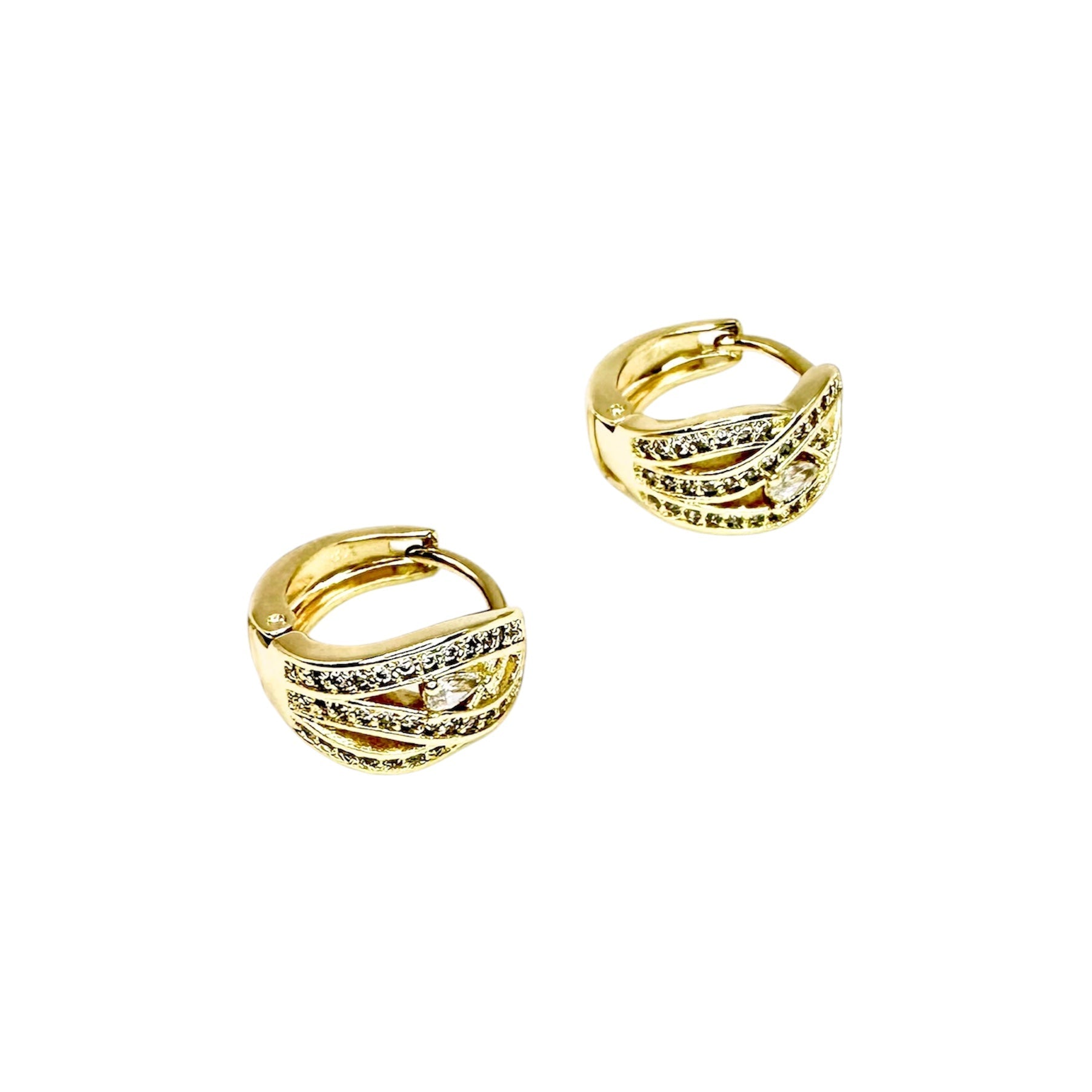 Waterproof Hoop Earrings Gold Color Leaf Braid Pattern Crystal Pavé