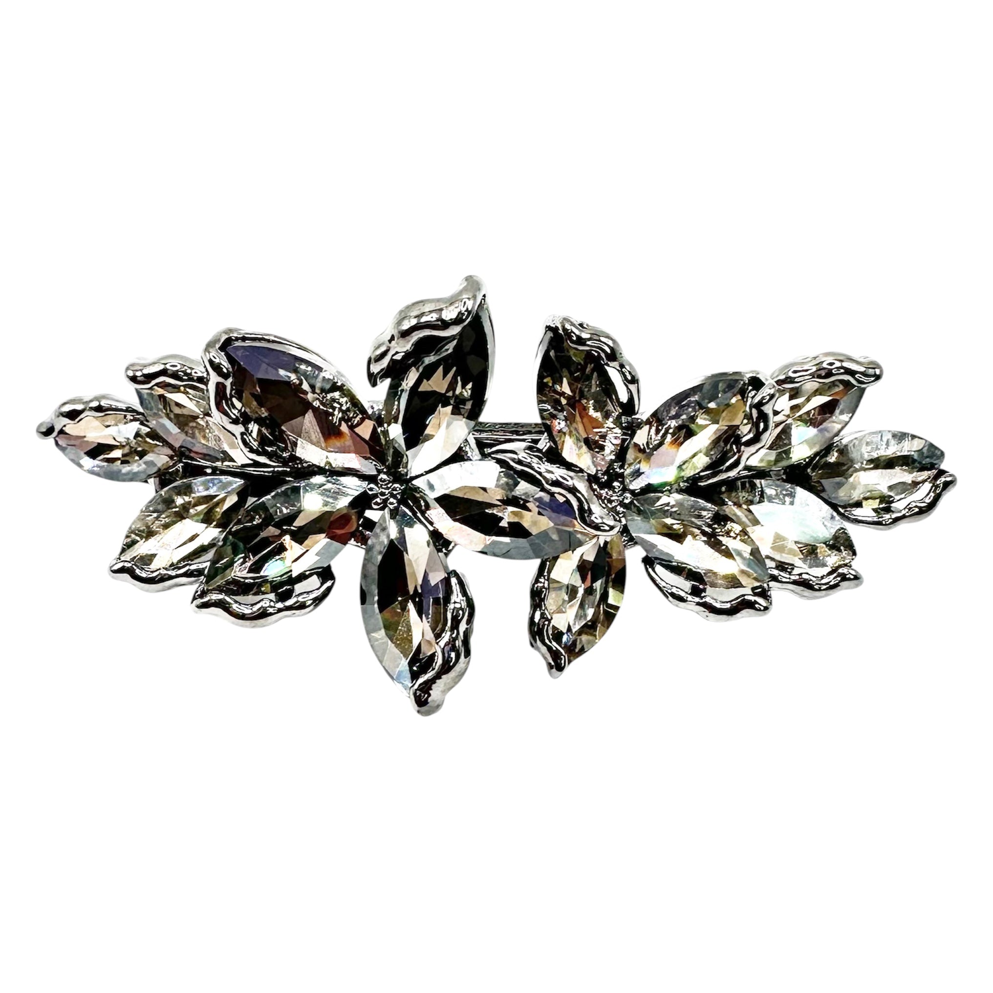 Automatikhaarspange Doppelblume Silber Navette Kristall Rauchgrau Champagner