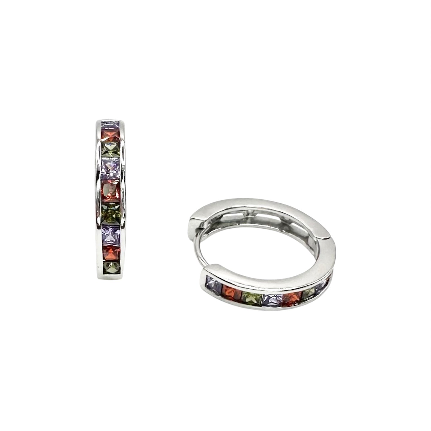 Waterproof Huggie Hoop Earrings Silver Multicolor Zirconia Channel Setting Colorful Square Red Green Purple