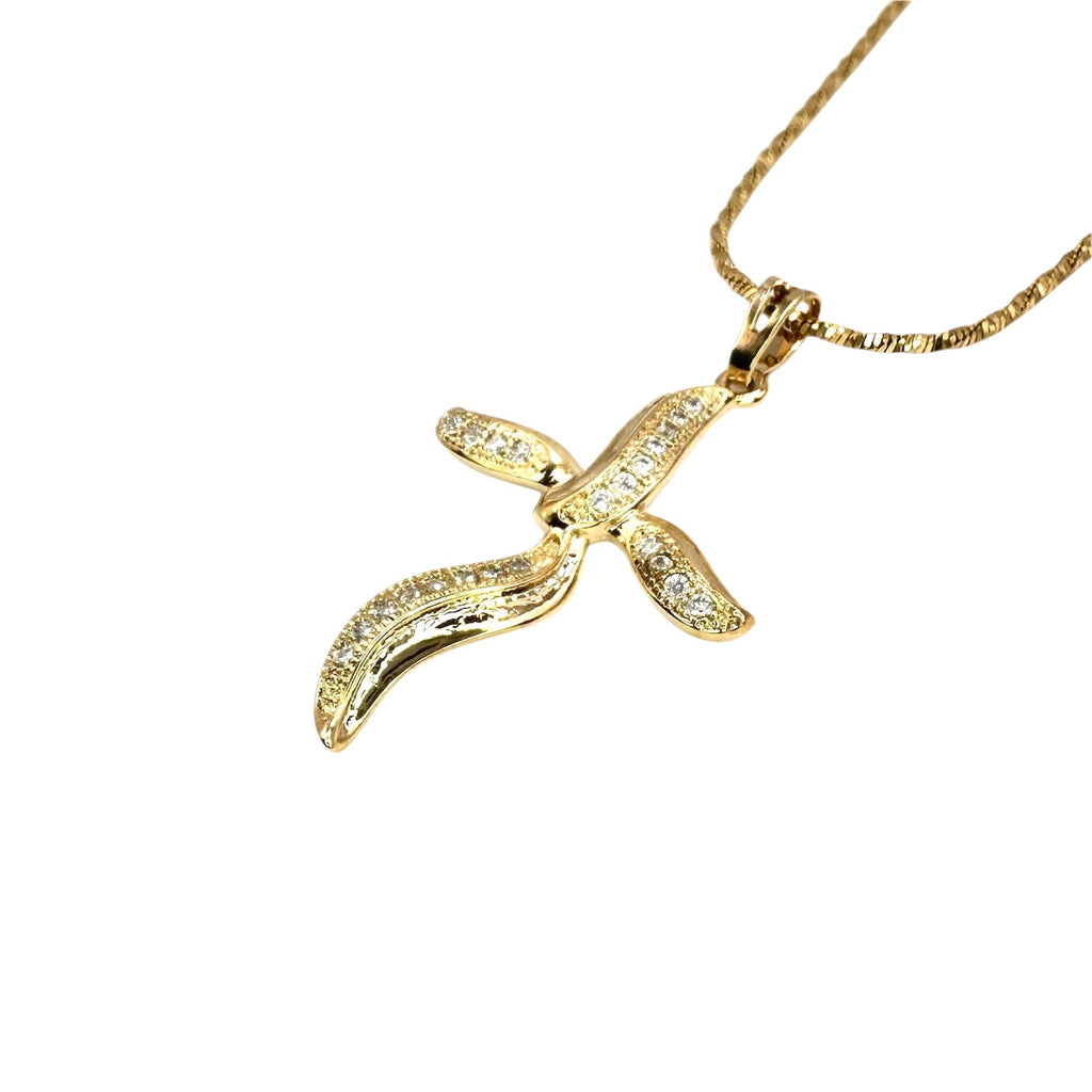 Wasserdichte geschwungene Kreuz-Halskette mit Zirkonia-Pavé Gold
