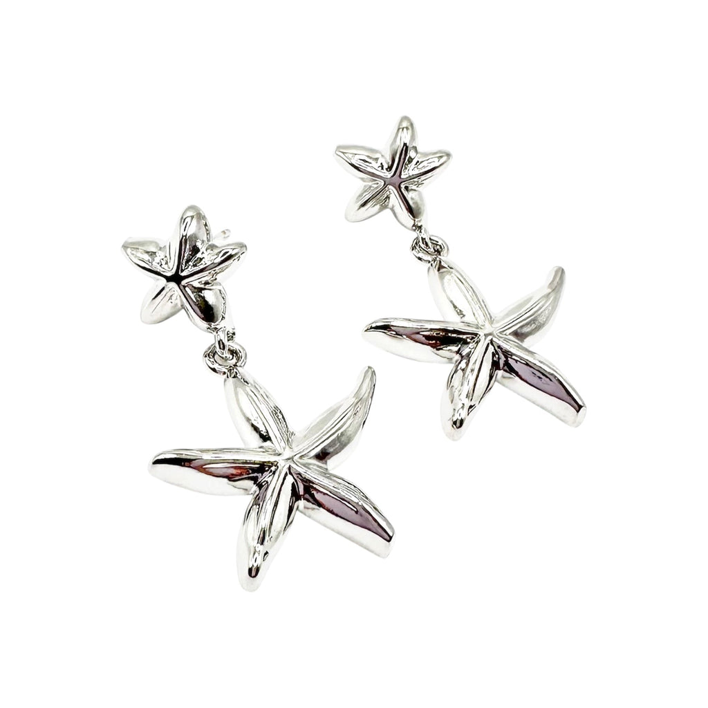 Waterproof Earrings Silver Double Starfish Stud Dangling Chain Highly Polished Coastal