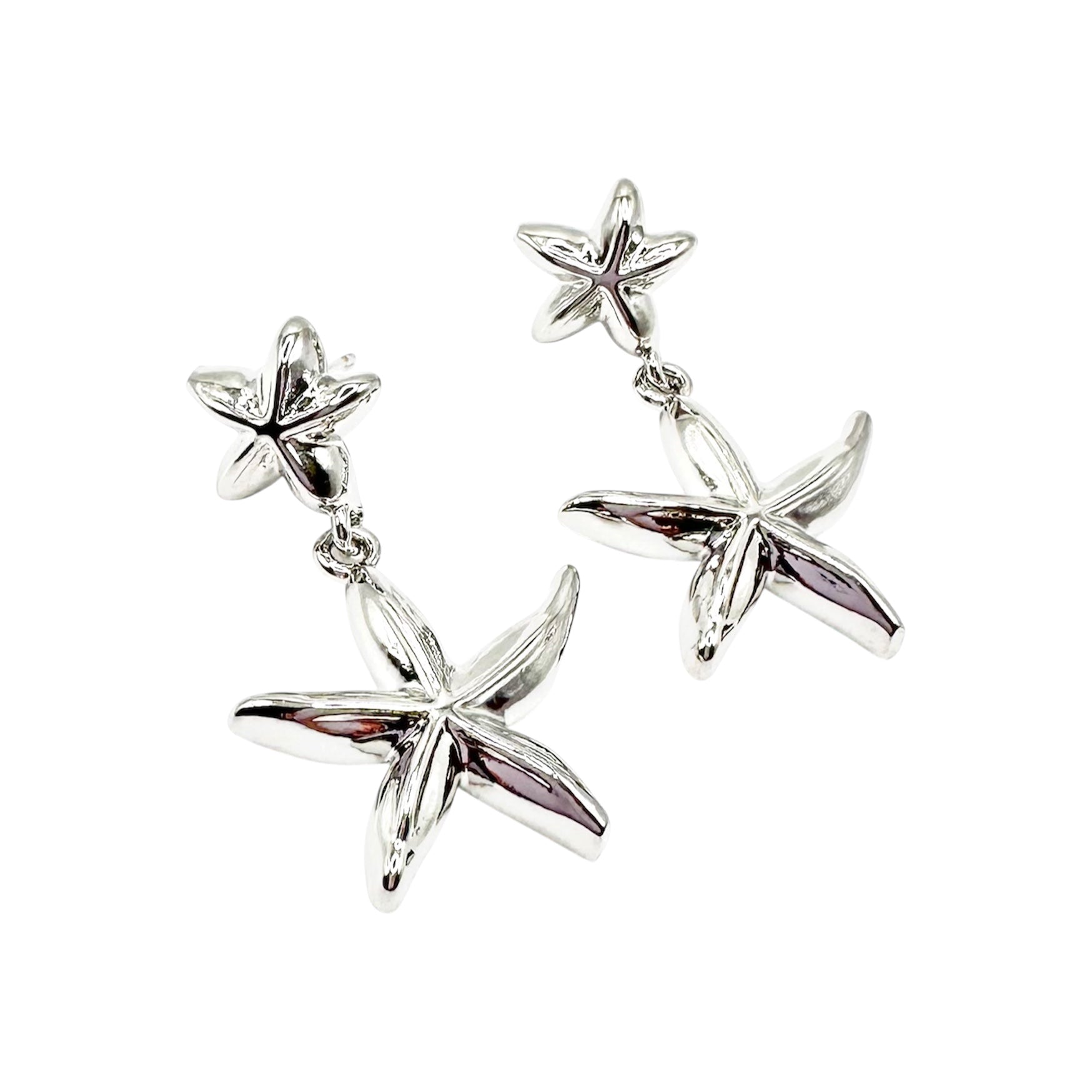 Waterproof Earrings Silver Double Starfish Stud Dangling Chain Highly Polished Coastal
