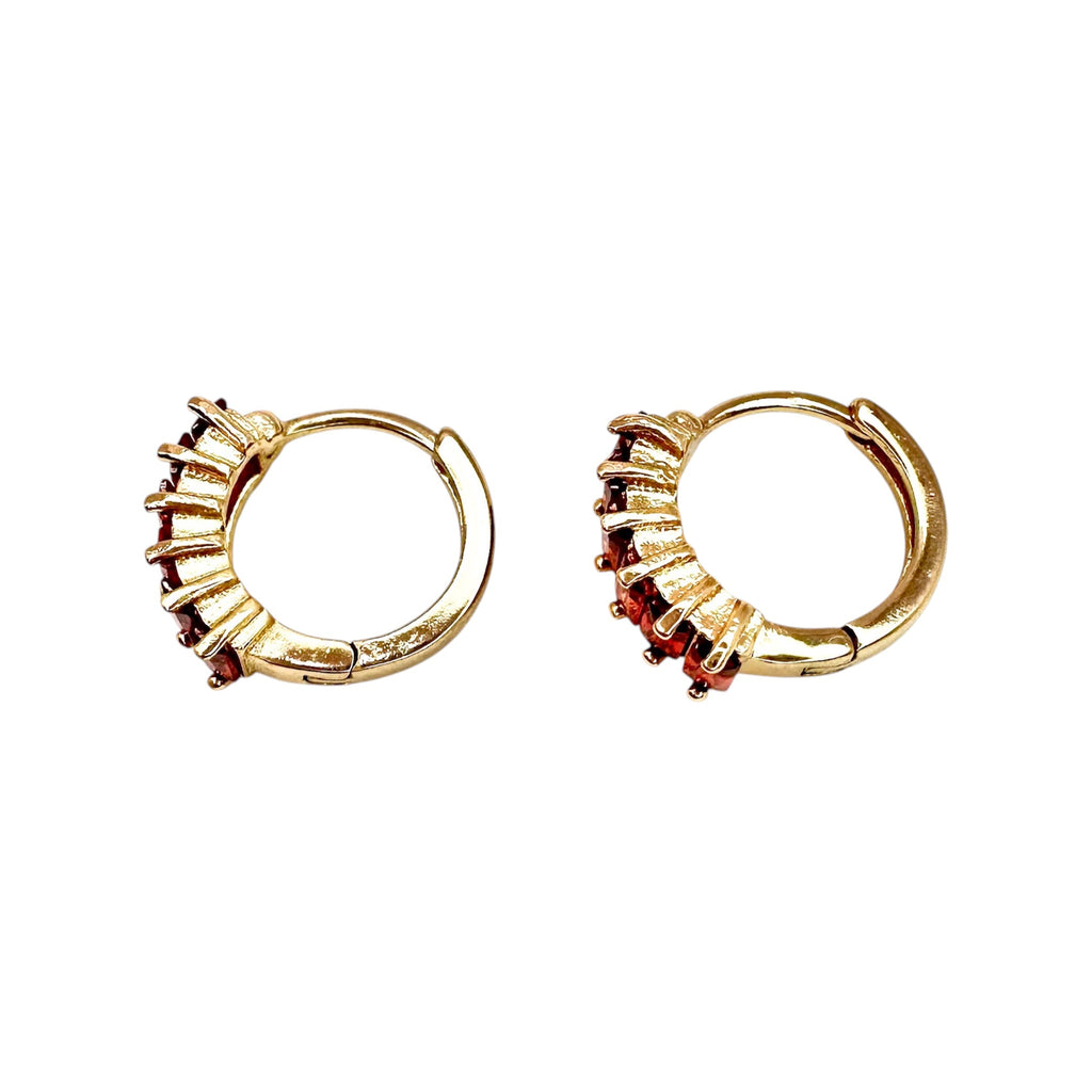 Waterproof Hoop Earrings Gold-Plated Red Ruby Baguette Cubic Zirconia
