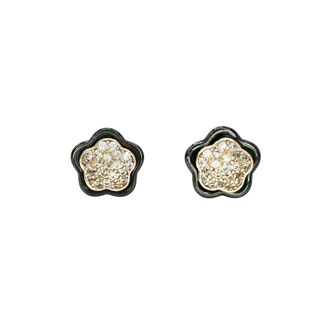 Waterproof Stud Earrings Yellow Gold Clover Black Ceramic Crystal Pavé
