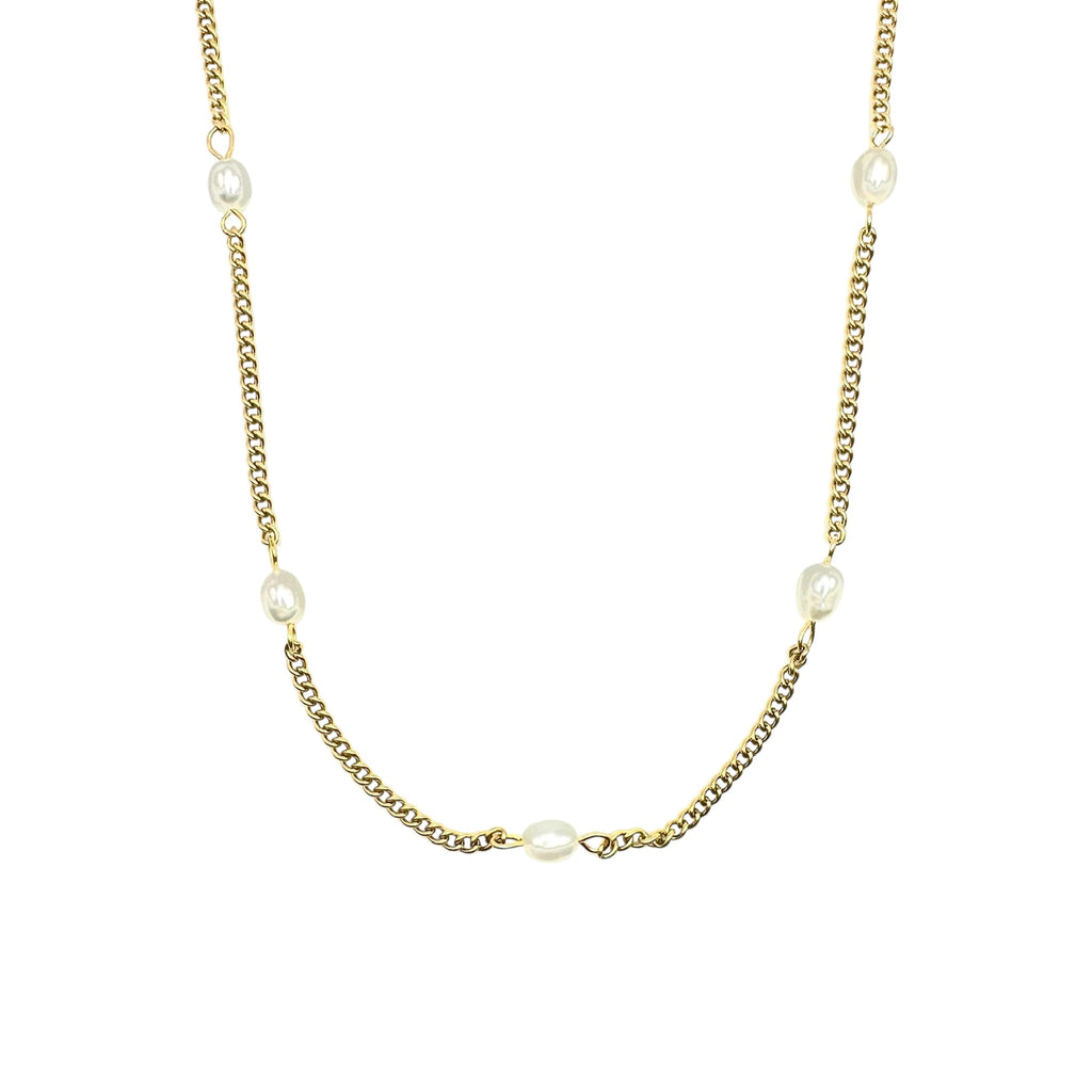 Waterproof Cuban Chain Necklace with Pearls Gold Color