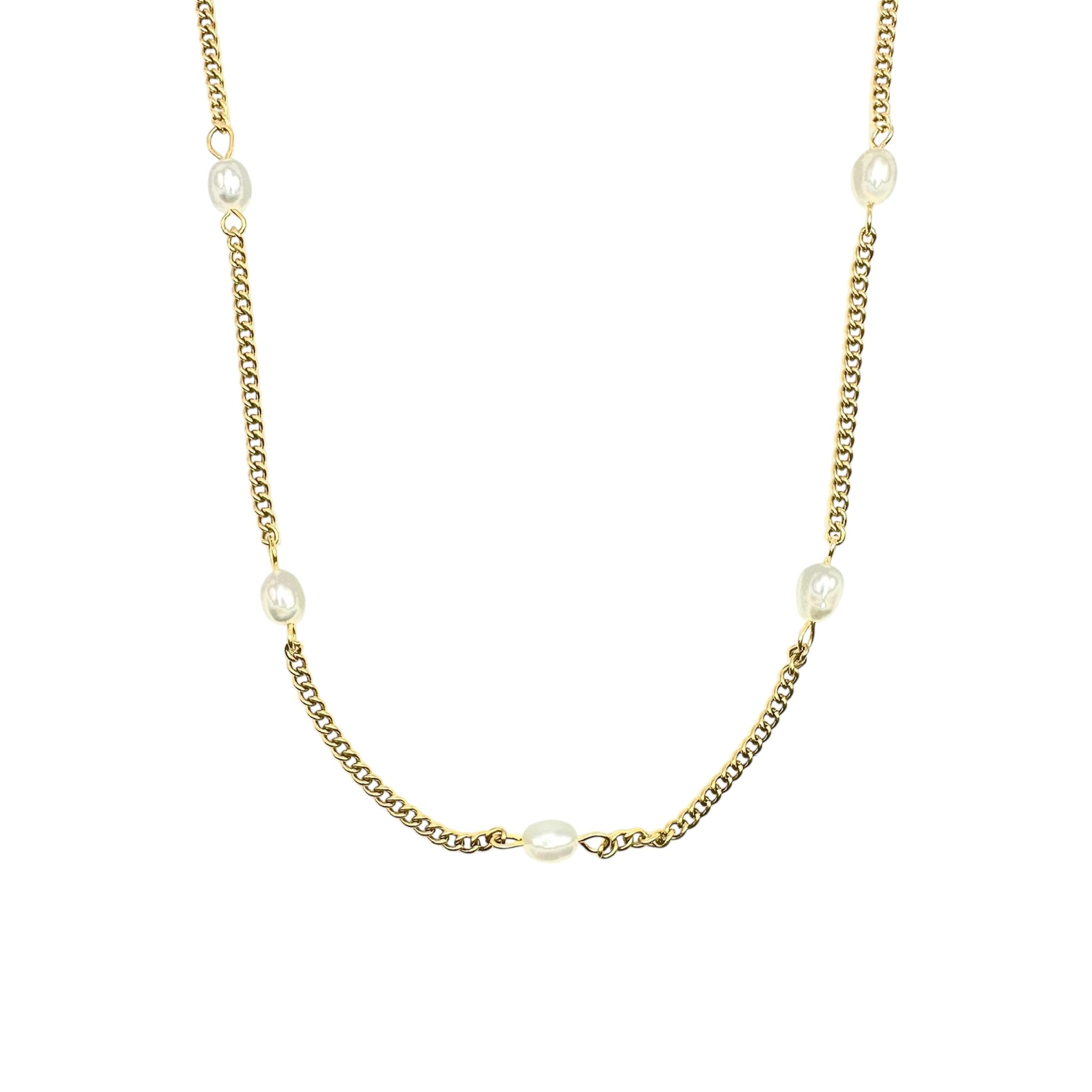 Waterproof Cuban Chain Necklace with Pearls Gold Color