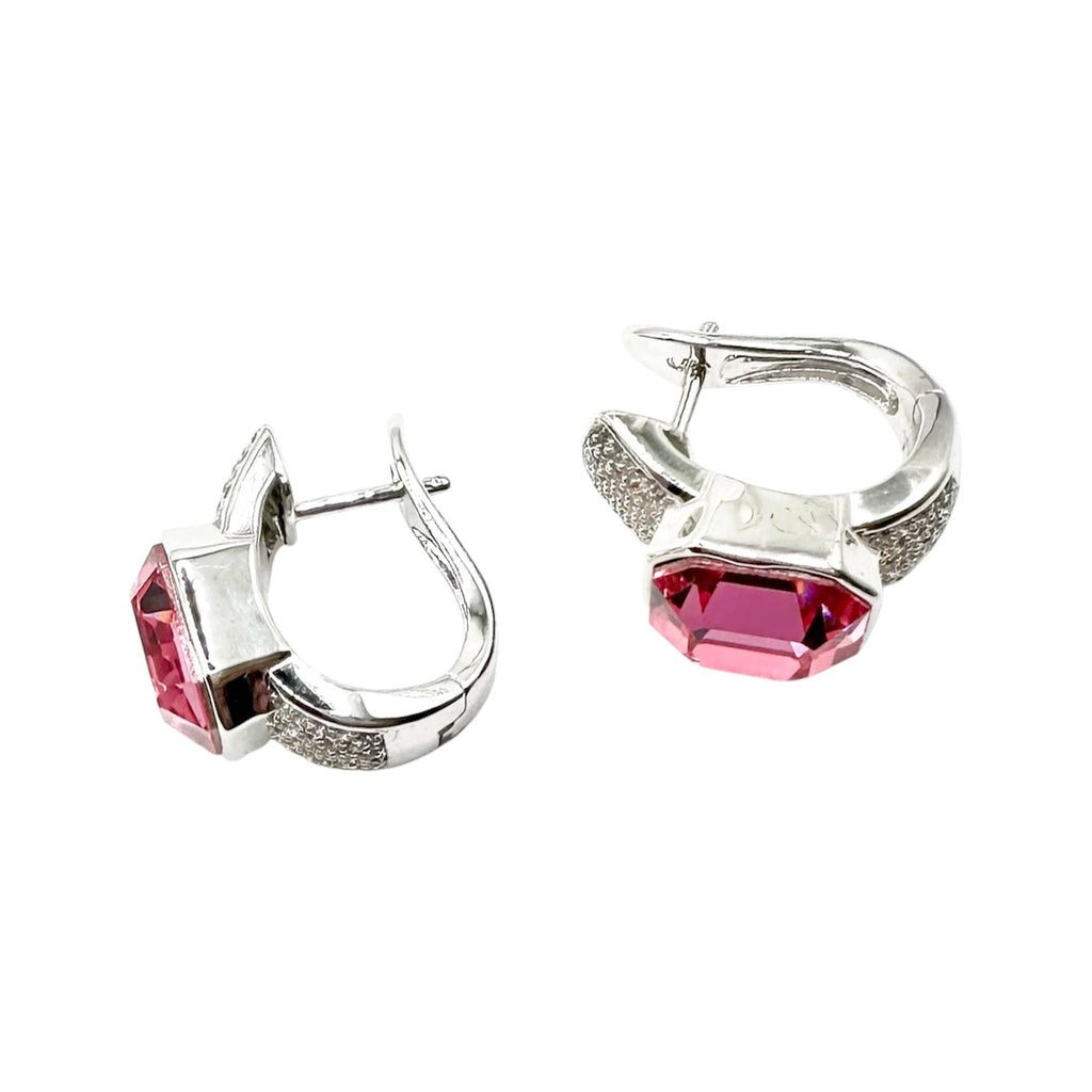 Wasserdichte Huggie Creolen Silber Emerald-Cut Rosa Zirkonia 12x10mm Bezel Kristallpavé Schultern