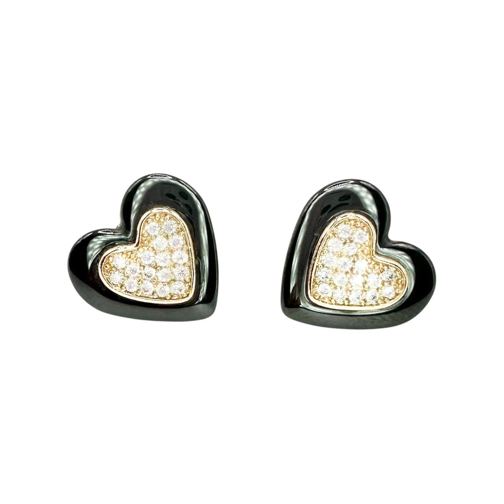 Waterproof Stud Earrings Heart Black Ceramic Yellow Gold Crystal Pavé
