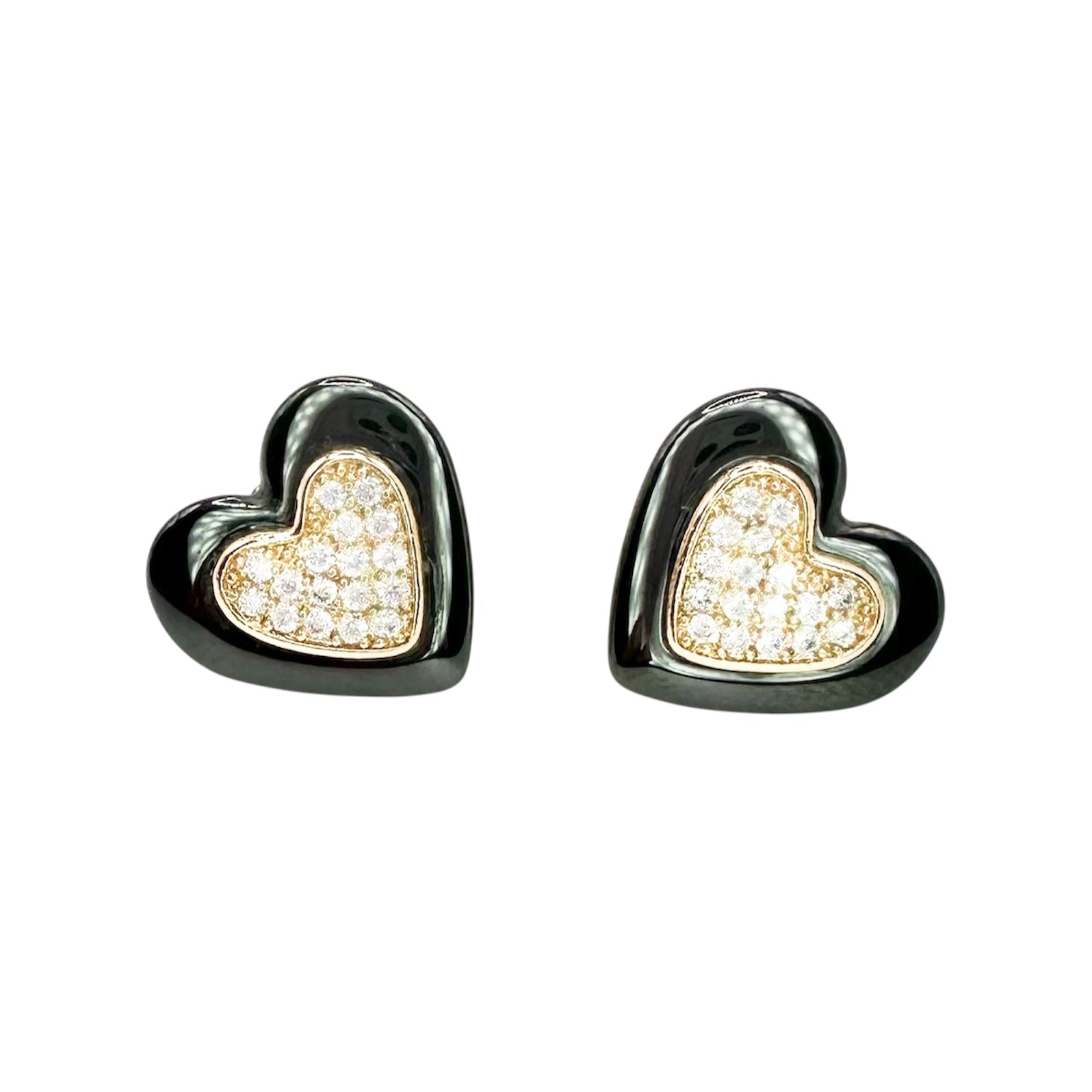 Waterproof Stud Earrings Heart Black Ceramic Yellow Gold Crystal Pavé