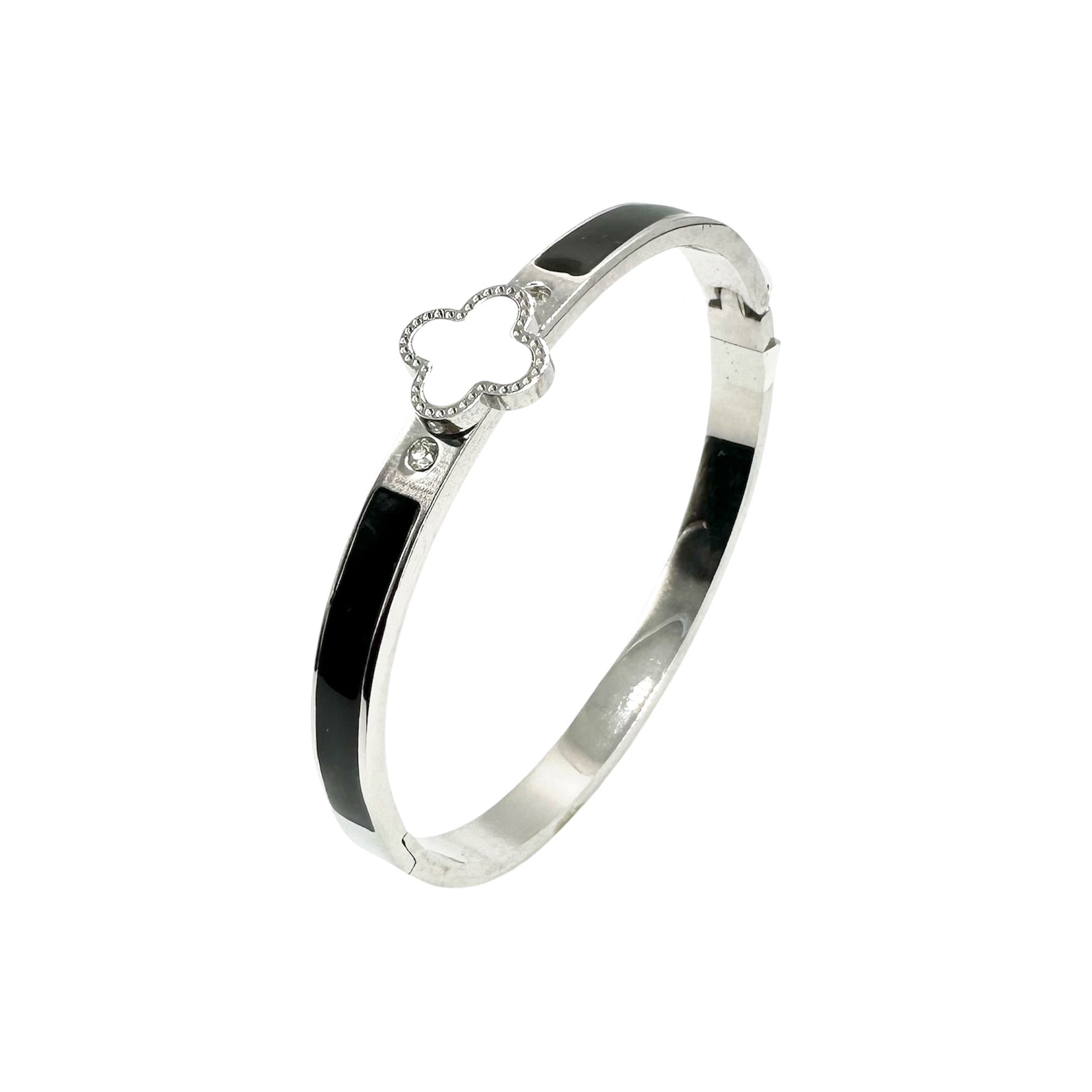 Wasserdichtes Kleeblatt Emaille Bangle Armreif Silber-Schwarz