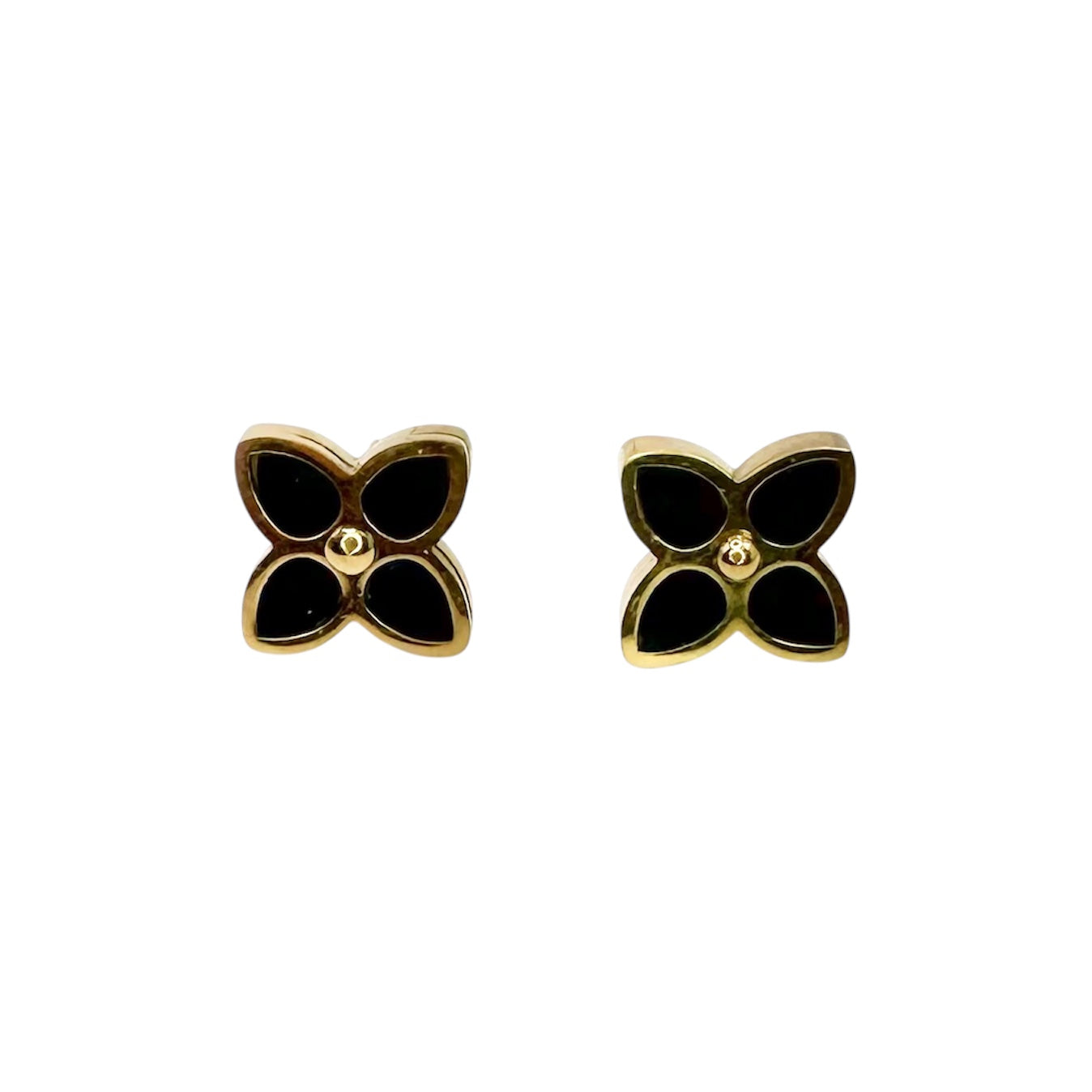 Wasserdichte Ohrstecker Gelbgold Dreiblatt Schwarze Onyx-Einlagen Goldener Mittelknopf
