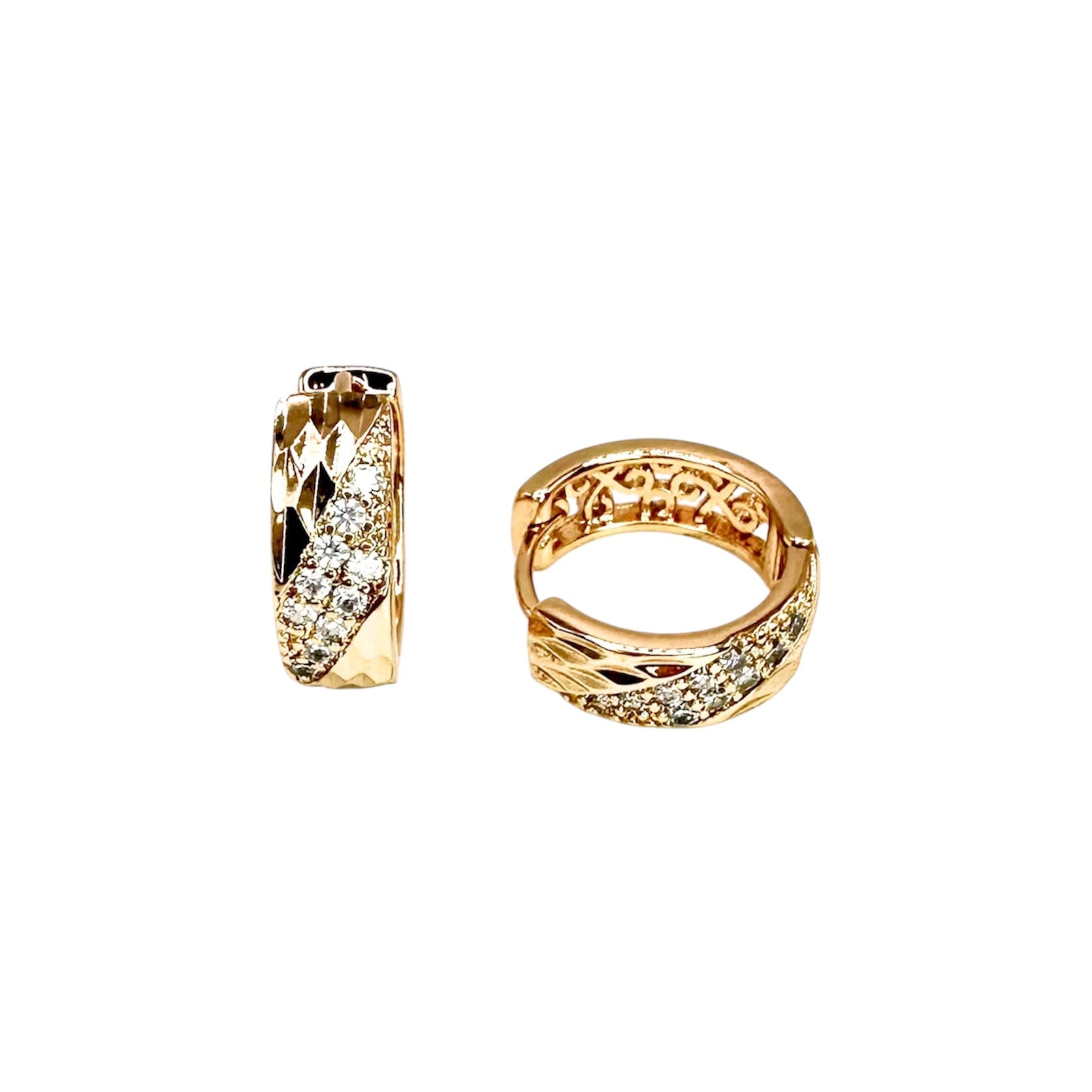 Waterproof Hoop Earrings Gold Tone Diagonal Crystal Pavé Diamond Pattern