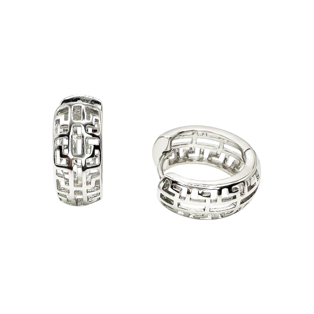 Wasserdichte Huggie Creolen Silber Griechischer Mäander Labyrinth Durchbruchmuster Chunky