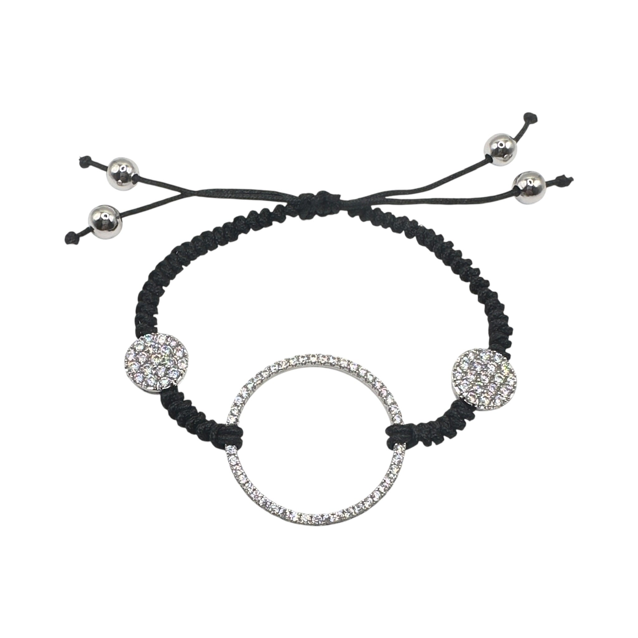Wasserdichtes Schwarzes Makramee Zirkonia Kreis Armband Silber verstellbar ab 5cm