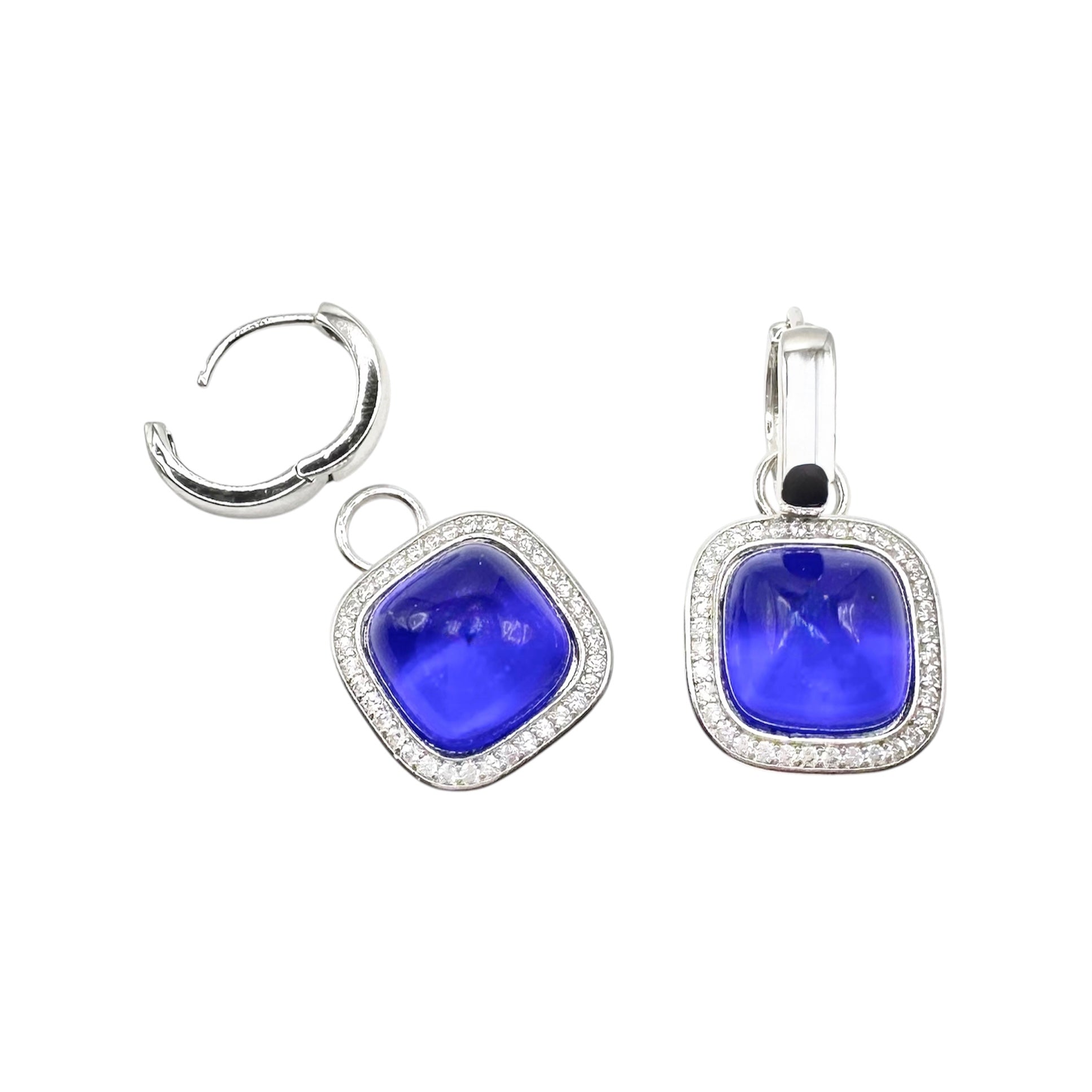 Waterproof Drop Earrings Silver Square Cabochon Sapphire Blue Crystal Crystal Pavé Halo Huggie Hoop Pomellato