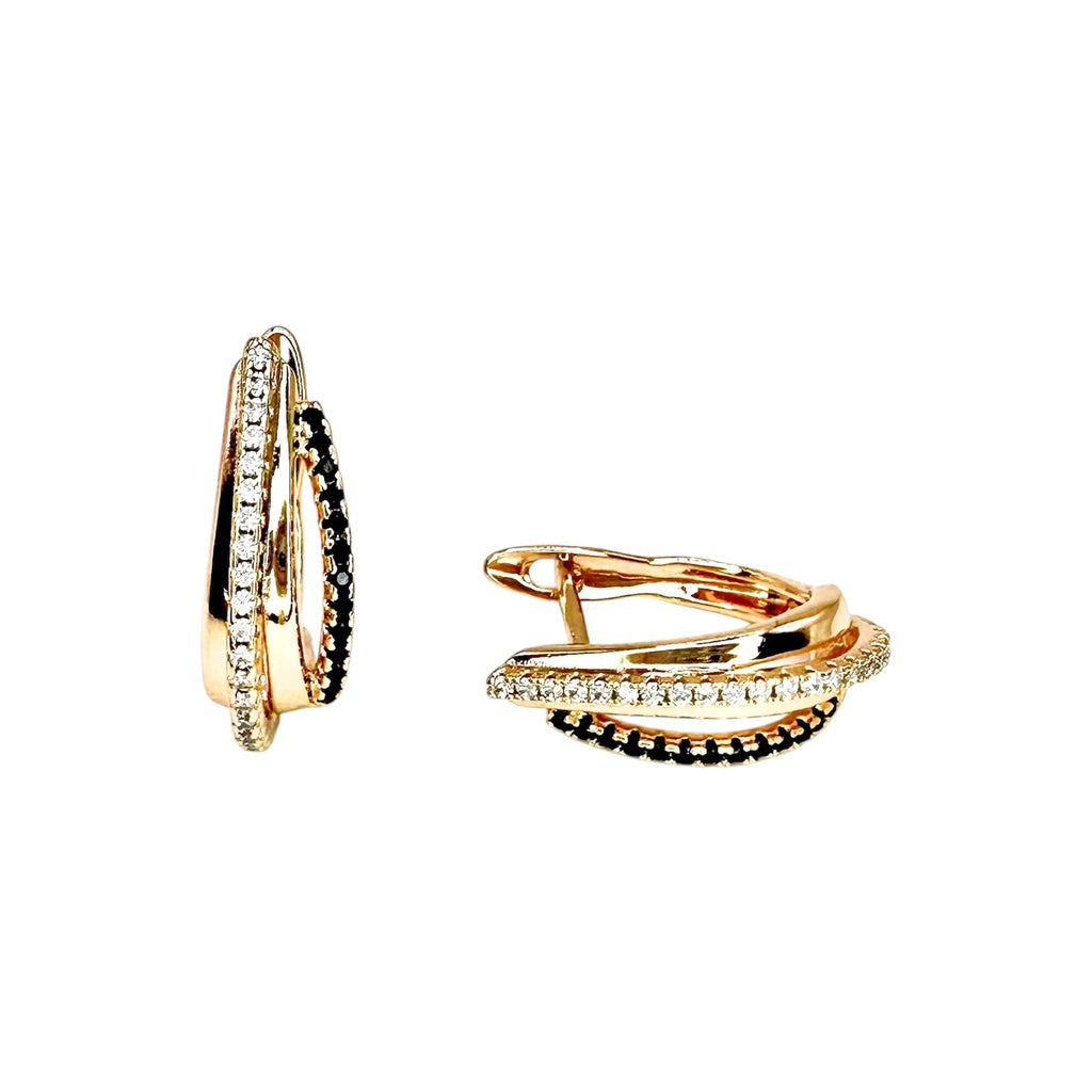 Waterproof Earrings Rose Gold Double Ring White Black Crystal Pave