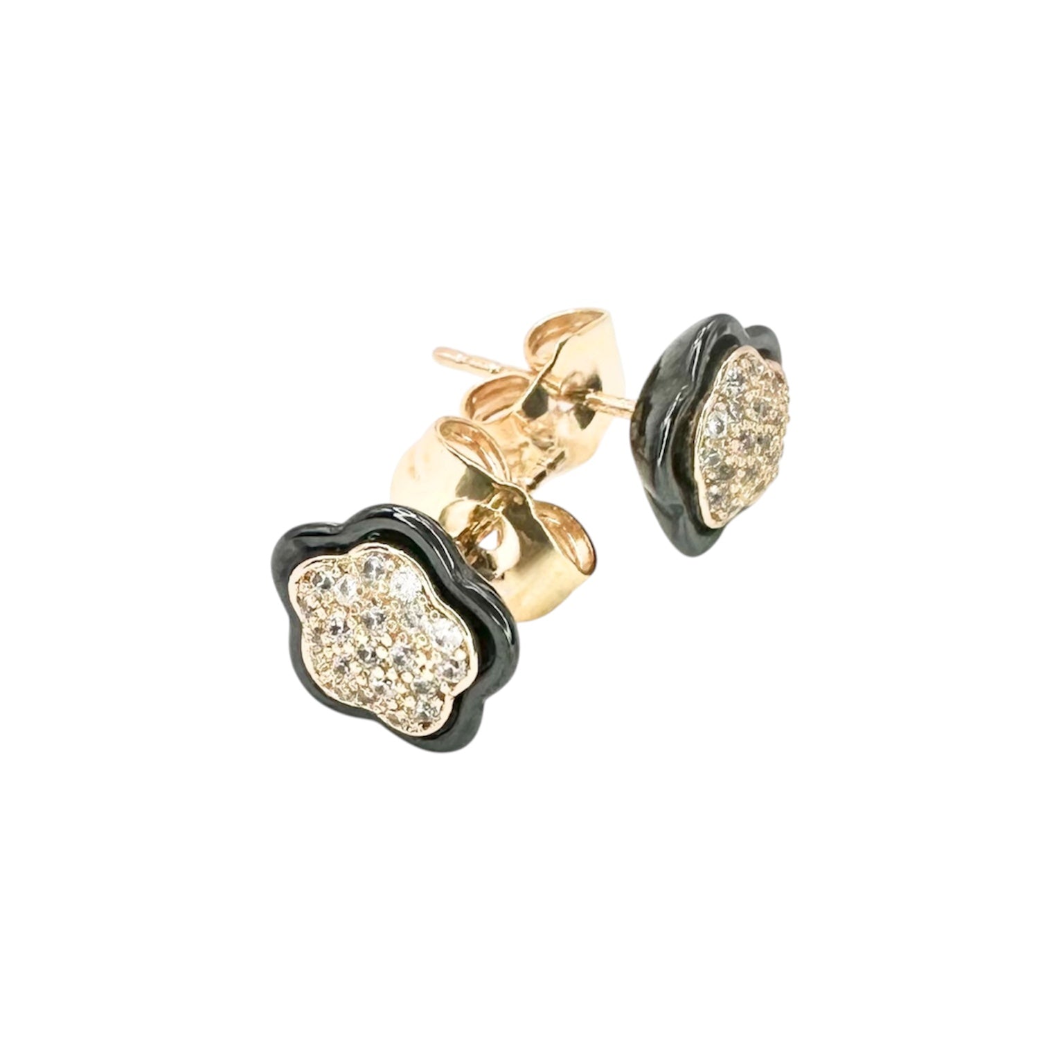 Waterproof Stud Earrings Yellow Gold Clover Black Ceramic Crystal Pavé