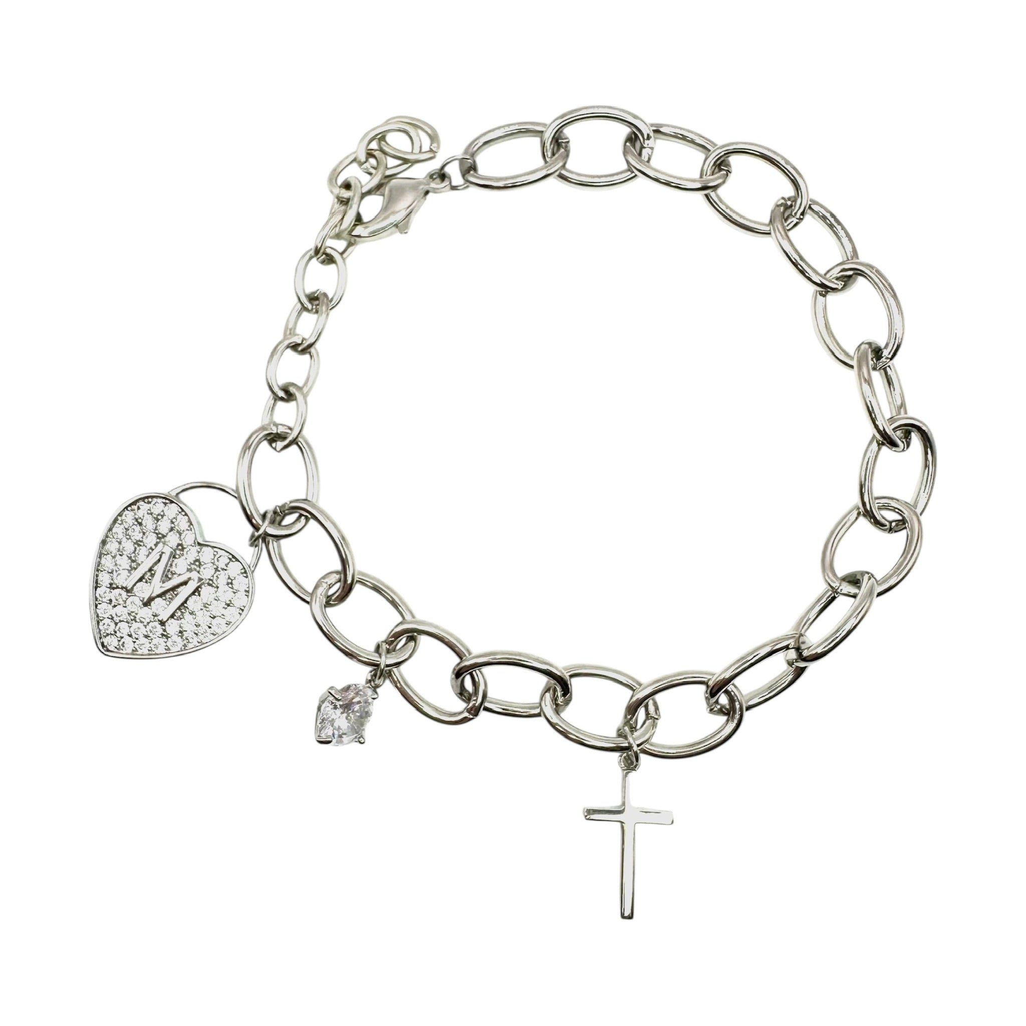 Wasserdichtes Oval-Glieder Charm Armband Herz Kreuz Zirkonia Silber 16+4cm