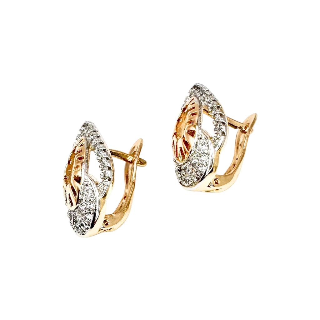 Wasserdichte Marquise-Tropfen-Ohrringe mit Kristallpavé und Arabesken, bicolor roségold-silber