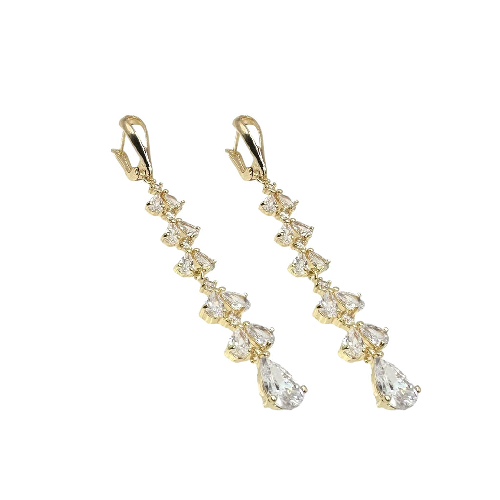 Wasserdichte Zirkonia Pear Cascade Drop Ohrhänger, goldfarben