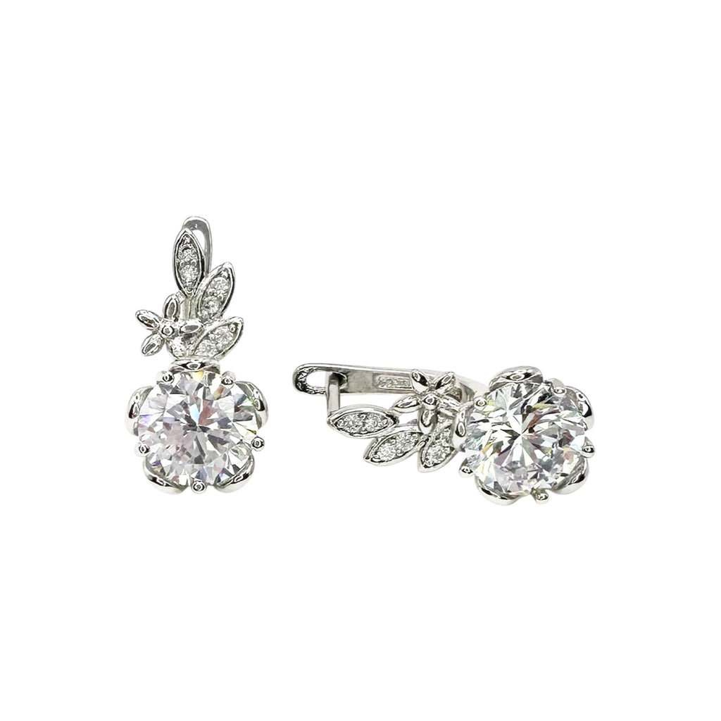 Waterproof Earrings Silver Round Solitaire Zirconia 9mm 6-Prong Floral Setting Flower Leaf Top Crystal Pavé