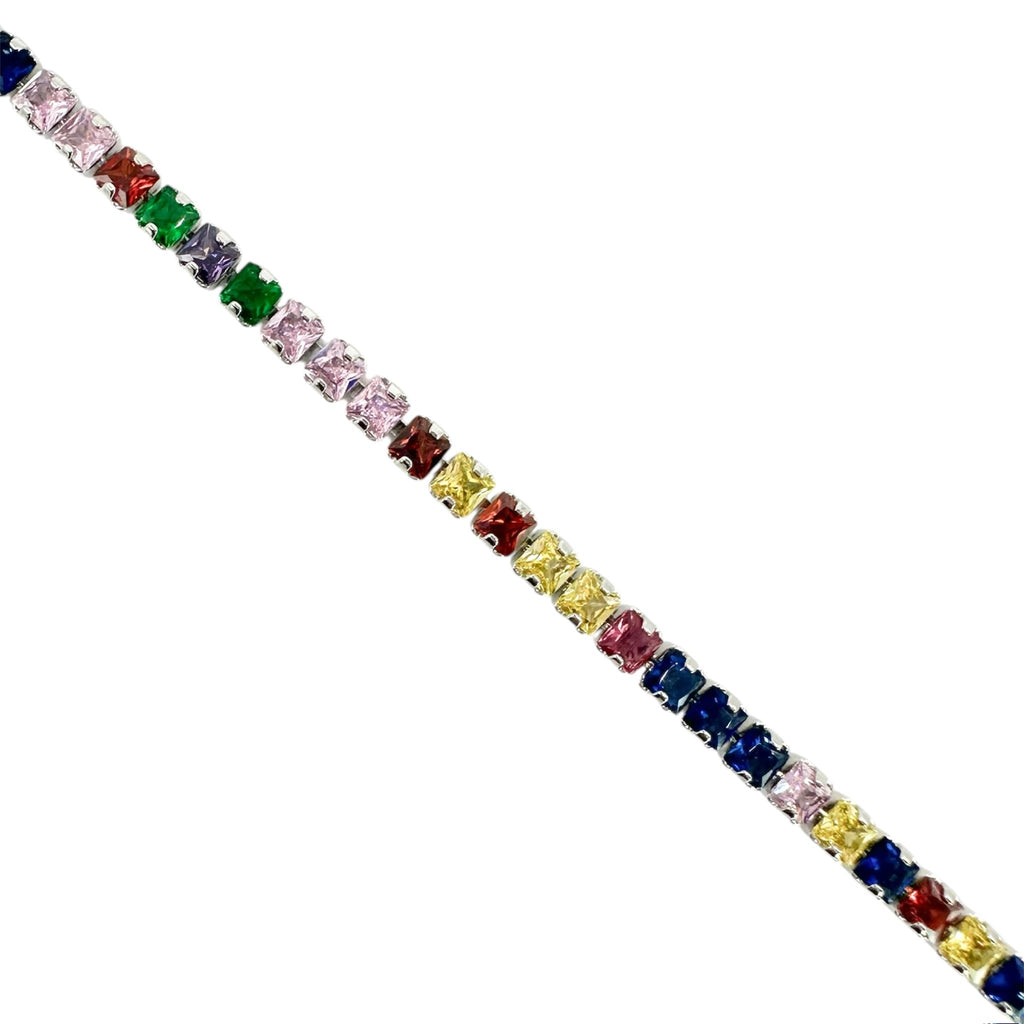 Wasserdichtes Buntes Zirkonia Tennis-Armband, quadratisch, silberfarben