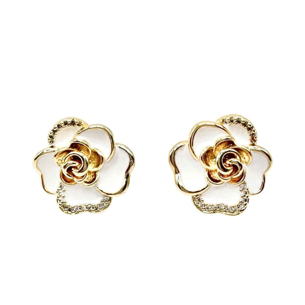Wasserdichte Zirkonia Pavé Rosen-Ohrstecker, weiß-goldfarben
