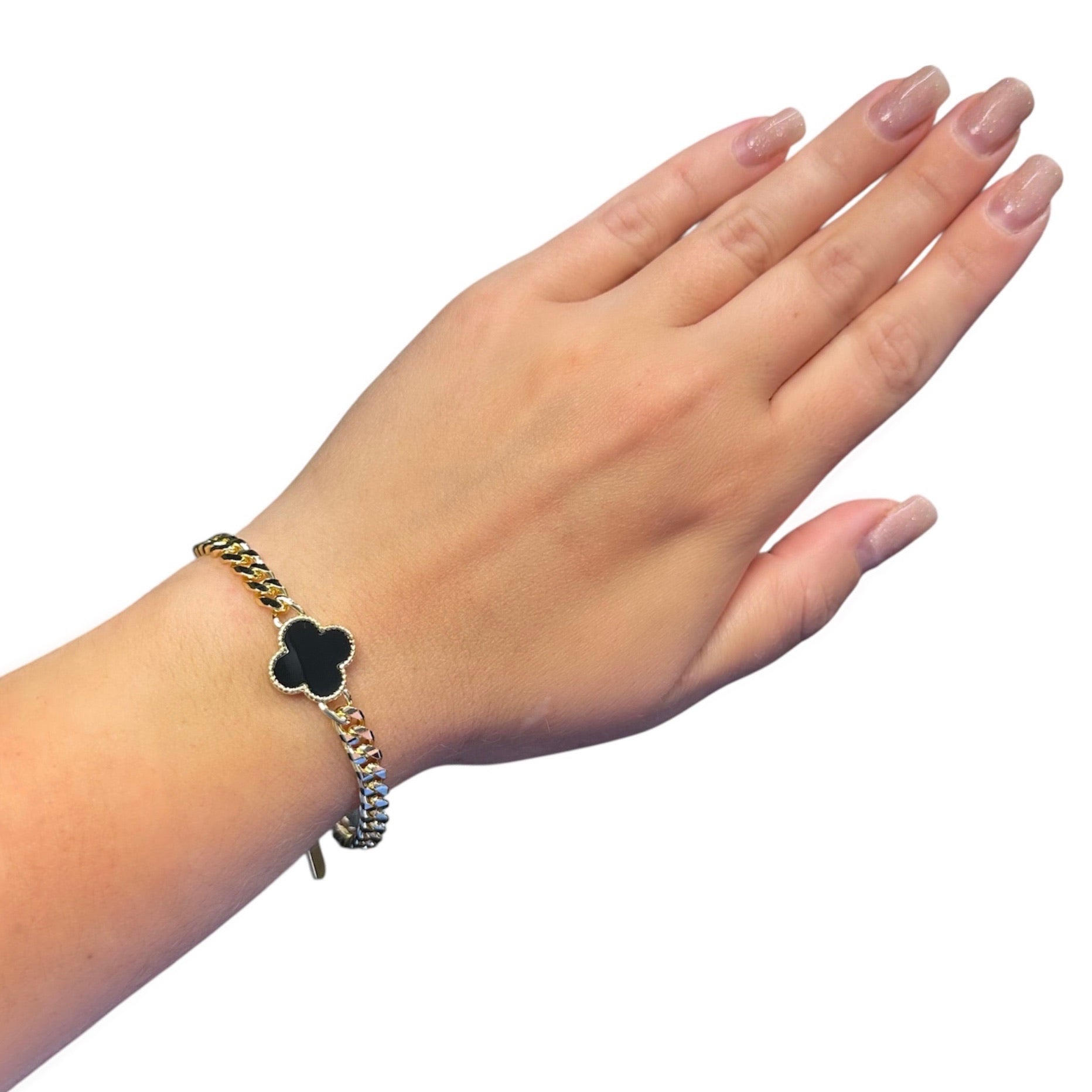 Wasserdichtes Schwarzes Kleeblatt-Armband, kubanische Kette, goldfarben