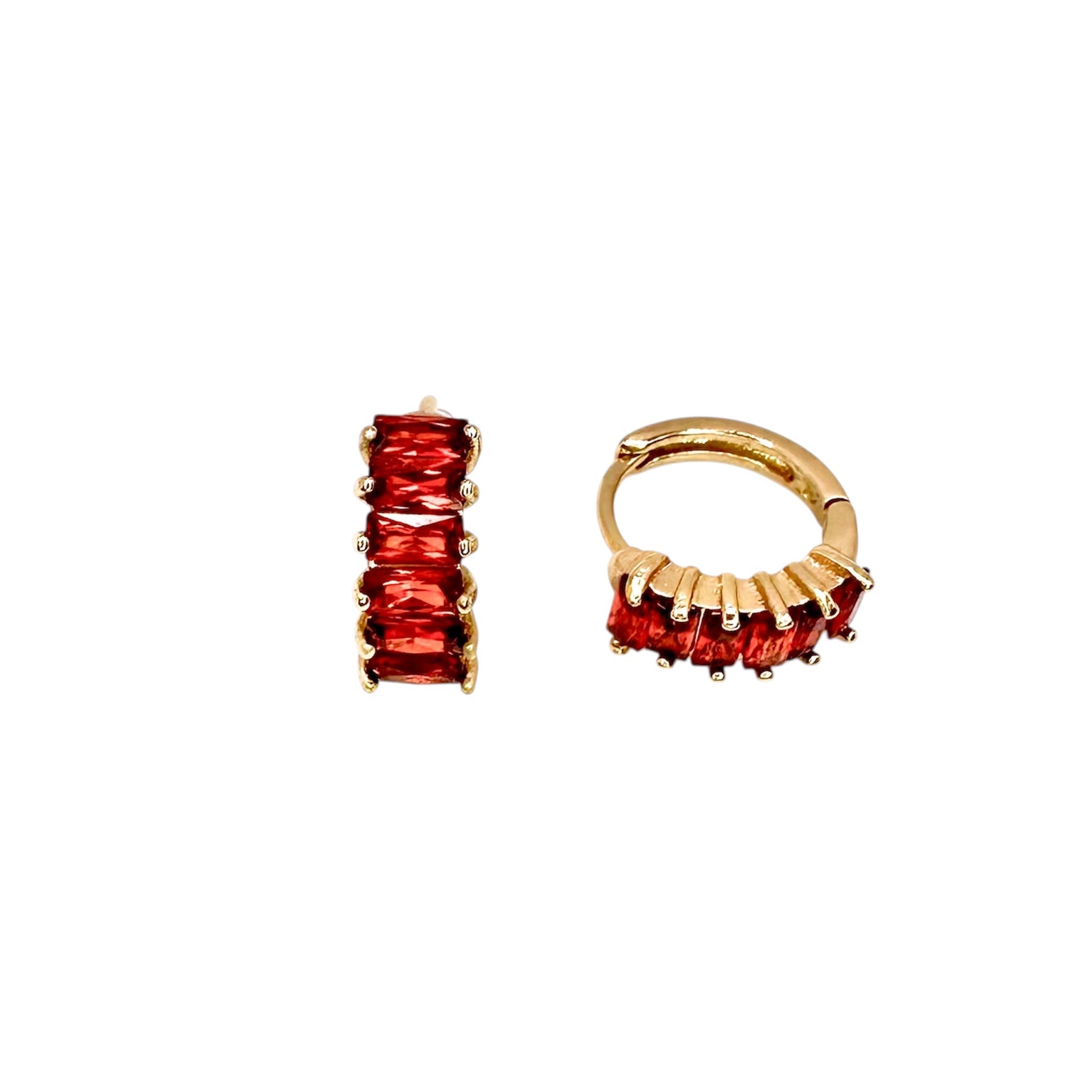 Waterproof Hoop Earrings Gold-Plated Red Ruby Baguette Cubic Zirconia
