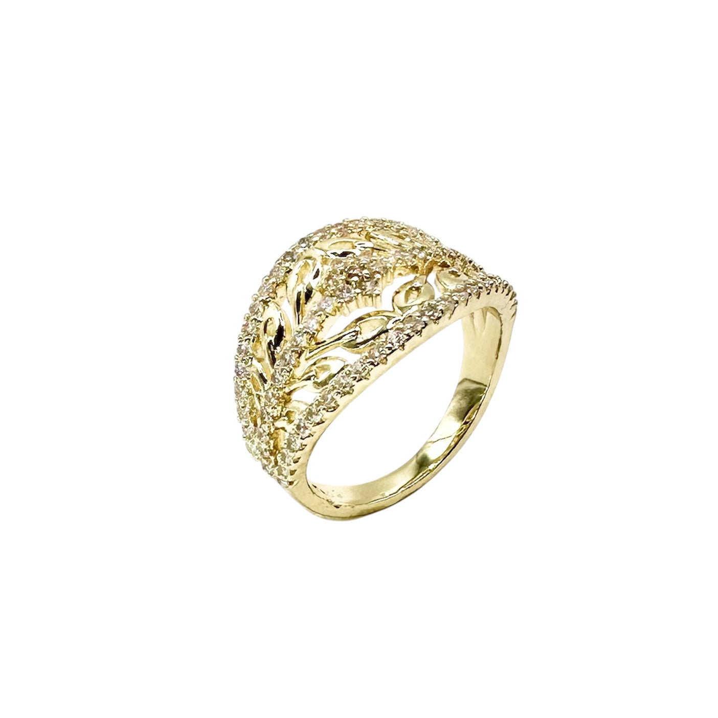 Wasserdichter Dome-Ring mit Blatt-Filigran und Zirkonia-Pavé Gold