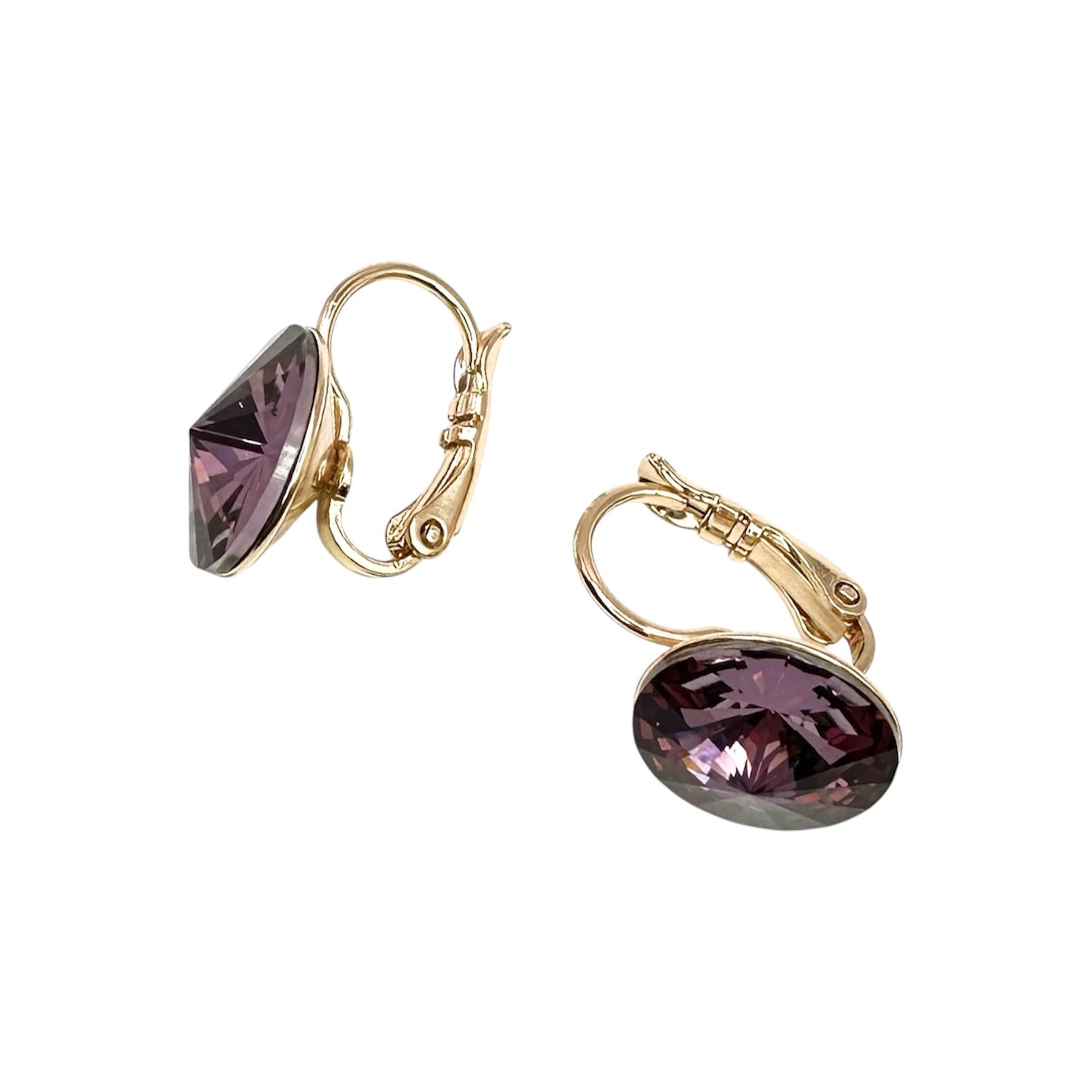 Waterproof Rivoli Crystal Earrings Amethyst Purple Gold 12mm