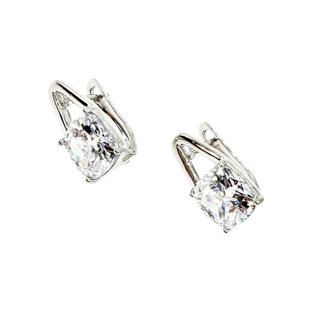 Waterproof Sterling Silver Cushion-Cut Zirconia 9mm 4-Prong Setting Curved Leverback Zirconia Accent