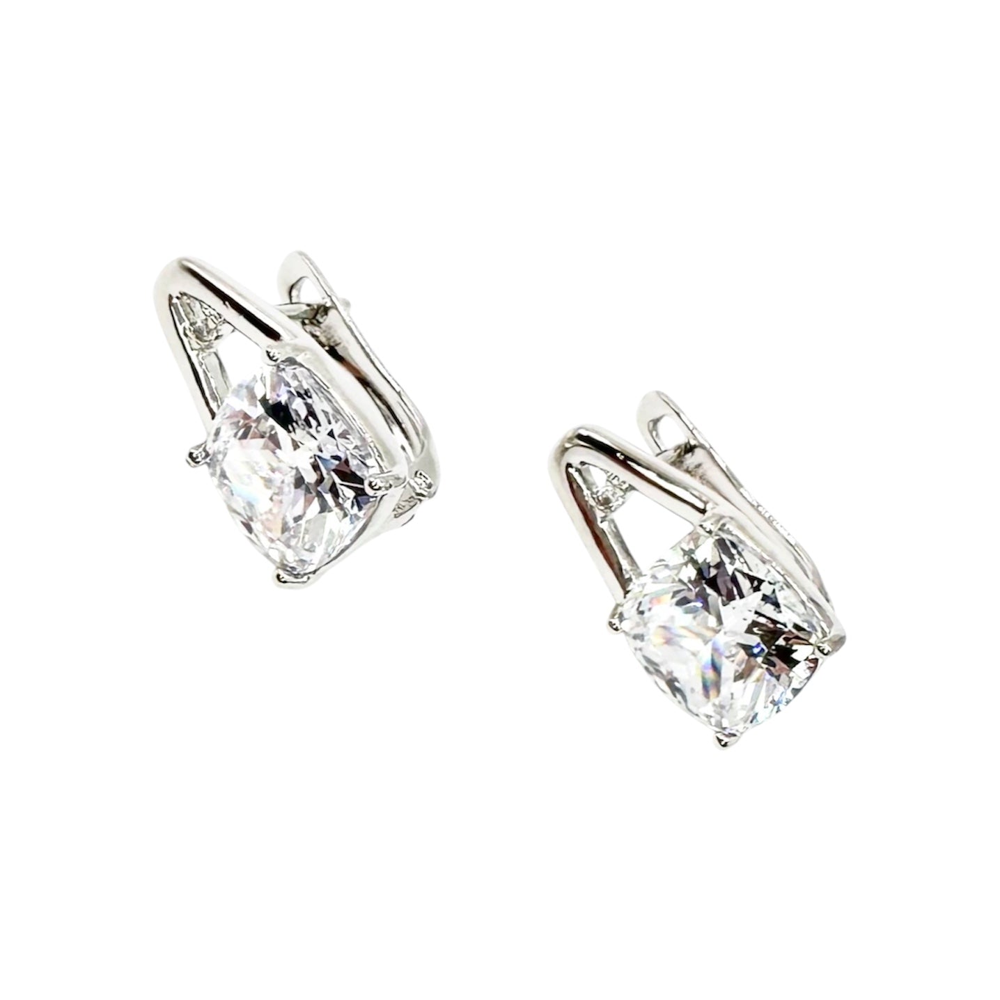 Waterproof Sterling Silver Cushion-Cut Zirconia 9mm 4-Prong Setting Curved Leverback Zirconia Accent