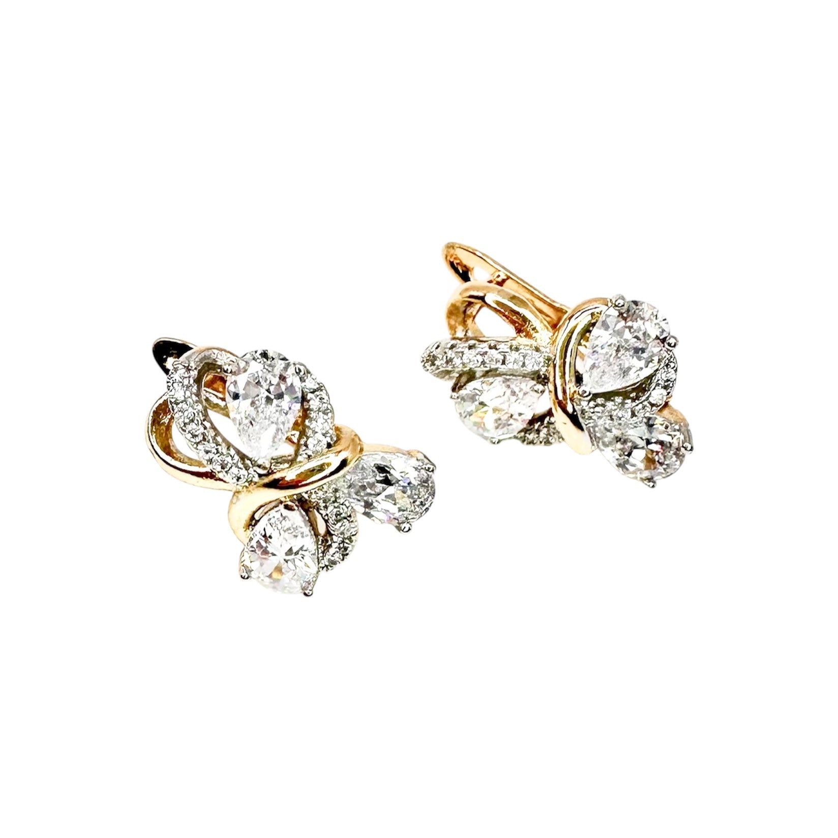 Wasserdichte Ohrringe mit 3 Tropfen-Zirkonia und Halo-Pavé, bicolor gelbgold-silber