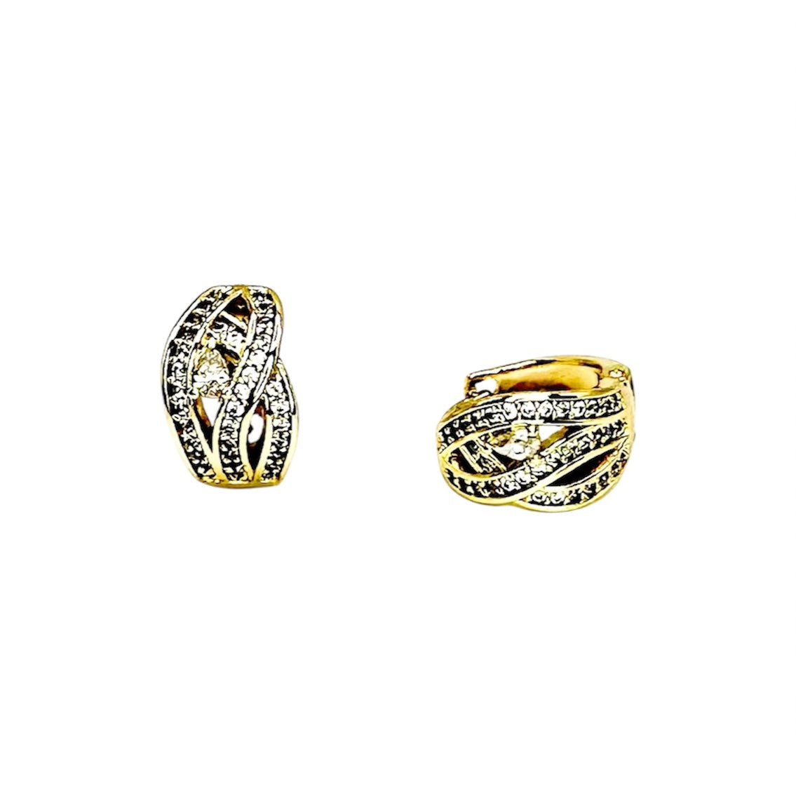 Waterproof Hoop Earrings Gold Color Leaf Braid Pattern Crystal Pavé