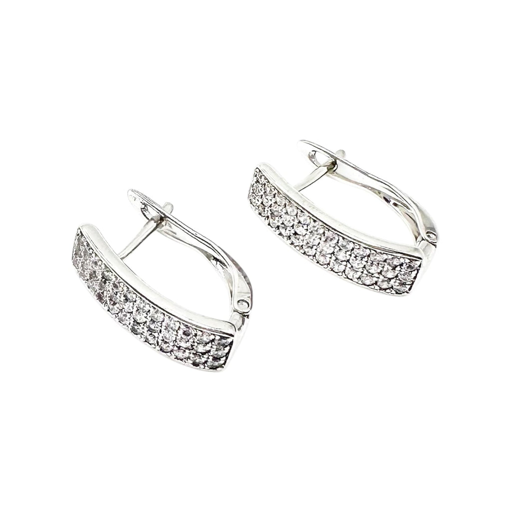 Waterproof Sterling Silver Huggie Hoop Earrings Triple Row Crystal Pavé Fully Encased White Rectangular Curved