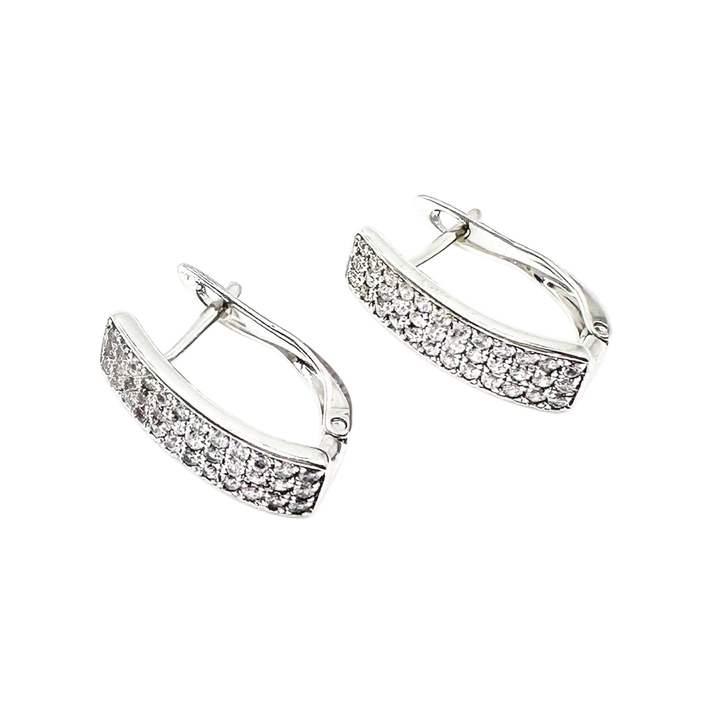 Waterproof Sterling Silver Huggie Hoop Earrings Triple Row Crystal Pavé Fully Encased White Rectangular Curved