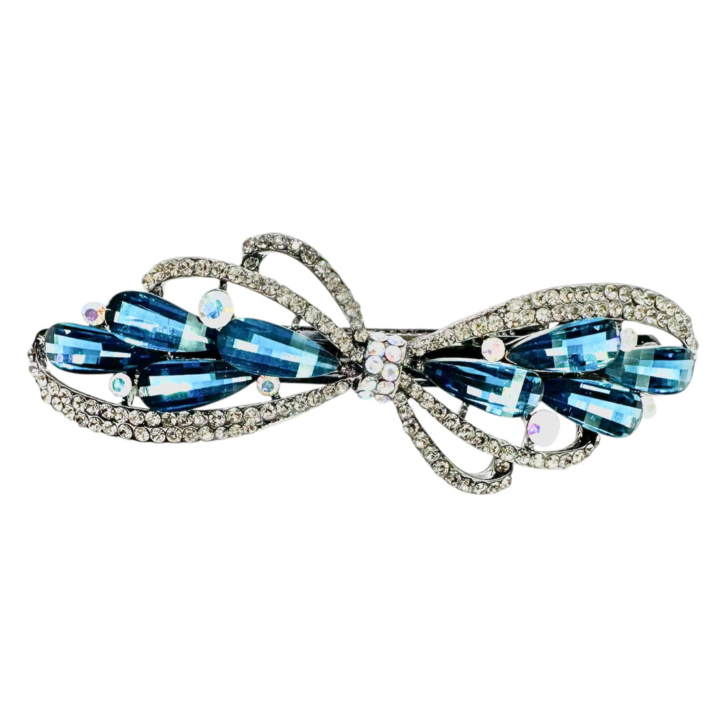 Automatikhaarspange Schleife Gunmetal Aqua Tropfen Kristall Aurora Strass
