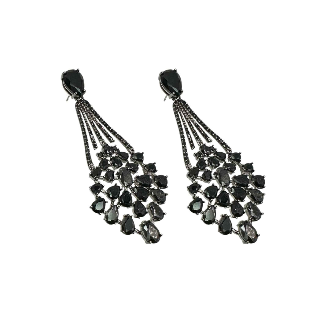 Wasserdichte Schwarzer Zirkonia Chandelier Fan Ohrstecker Silber
