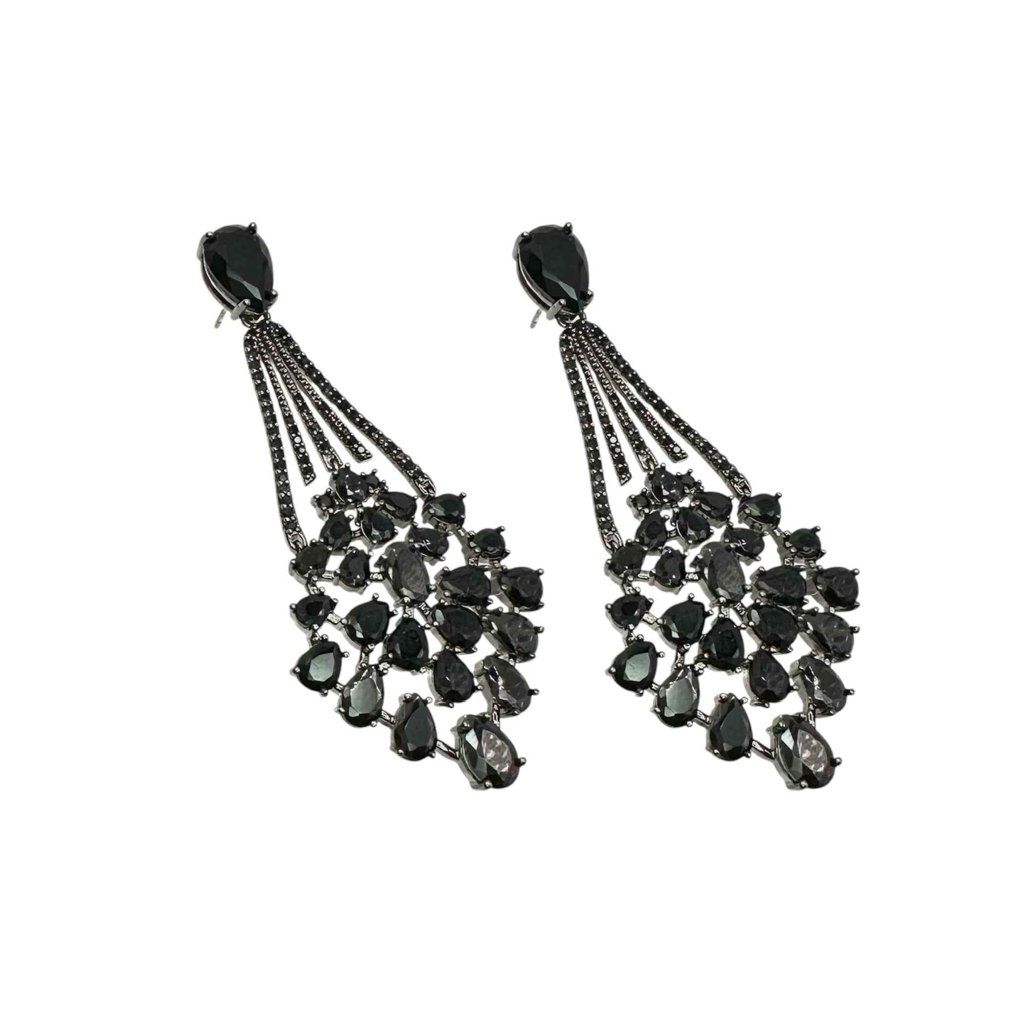 Wasserdichte Schwarzer Zirkonia Chandelier Fan Ohrstecker Silber