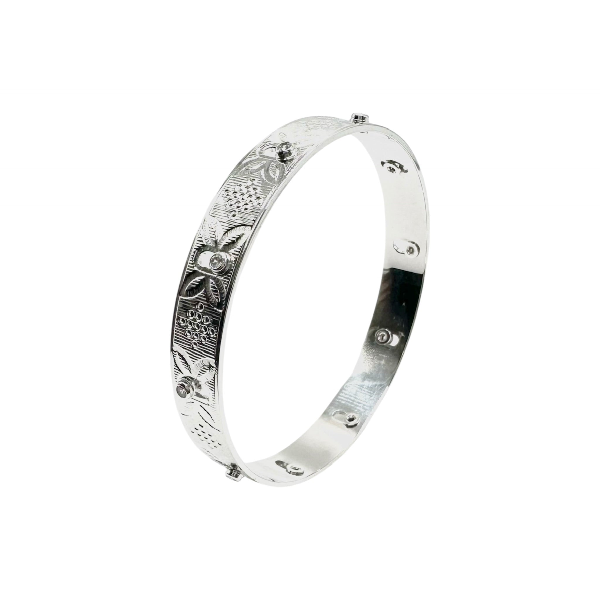 Wasserdichtes Gravur Blumen Zirkonia Bangle Armreif Silberne