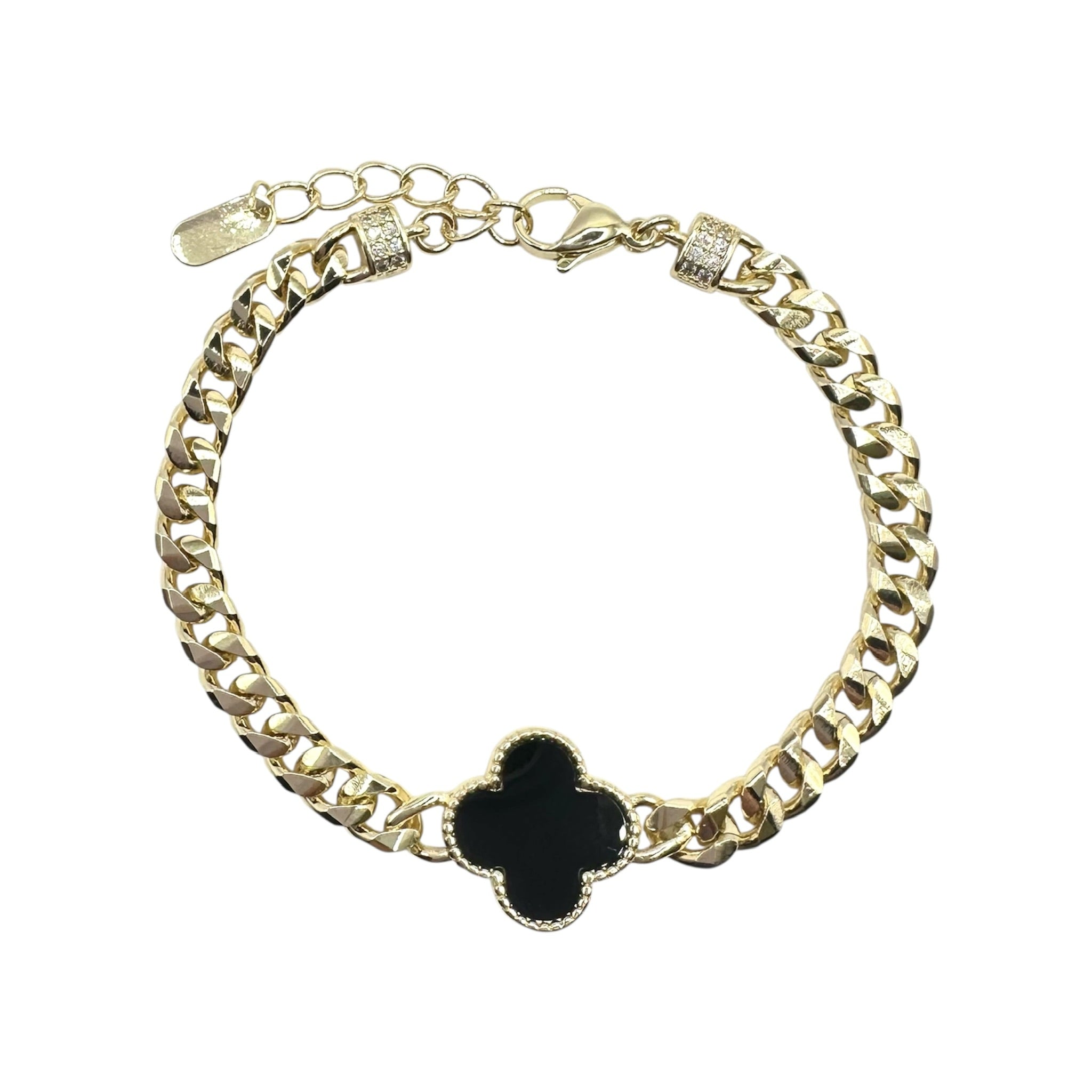 Wasserdichtes Schwarzes Kleeblatt-Armband, kubanische Kette, goldfarben