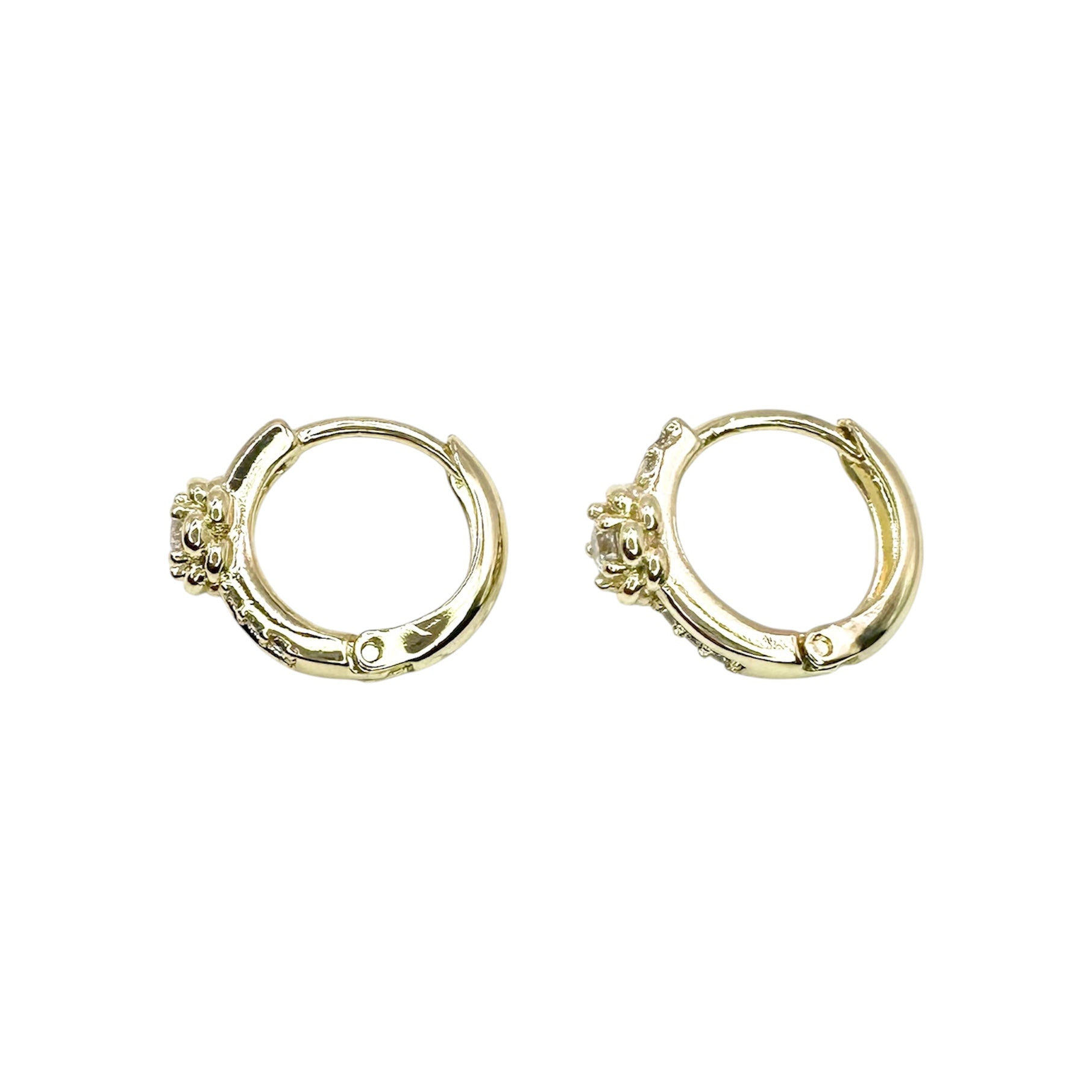 Waterproof Huggie Hoop Earrings Yellow Gold Flower Prong Setting Zirconia Pavé Hoop