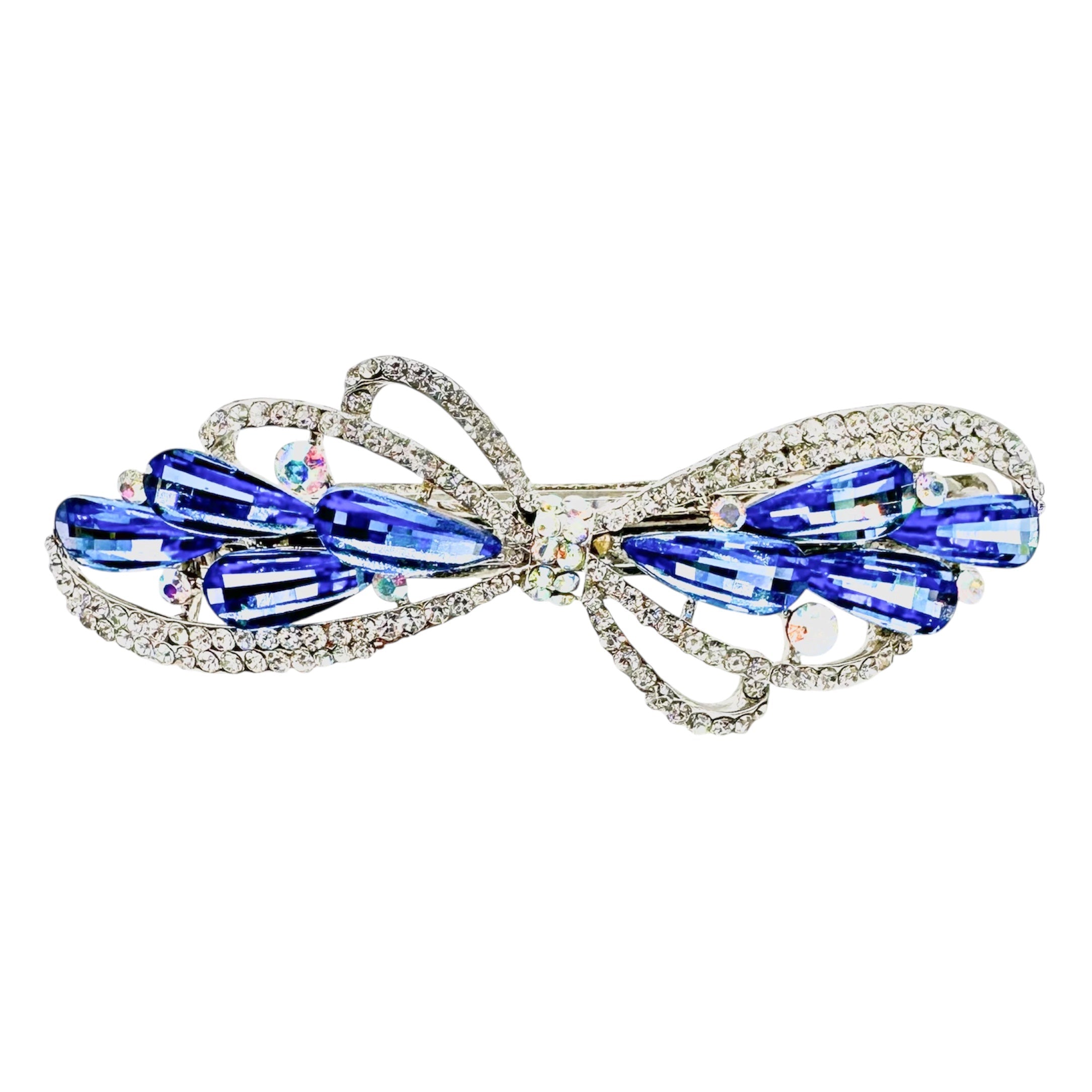 Automatikhaarspange Schleife Silber Saphirblau Tropfen Kristall Aurora Strass