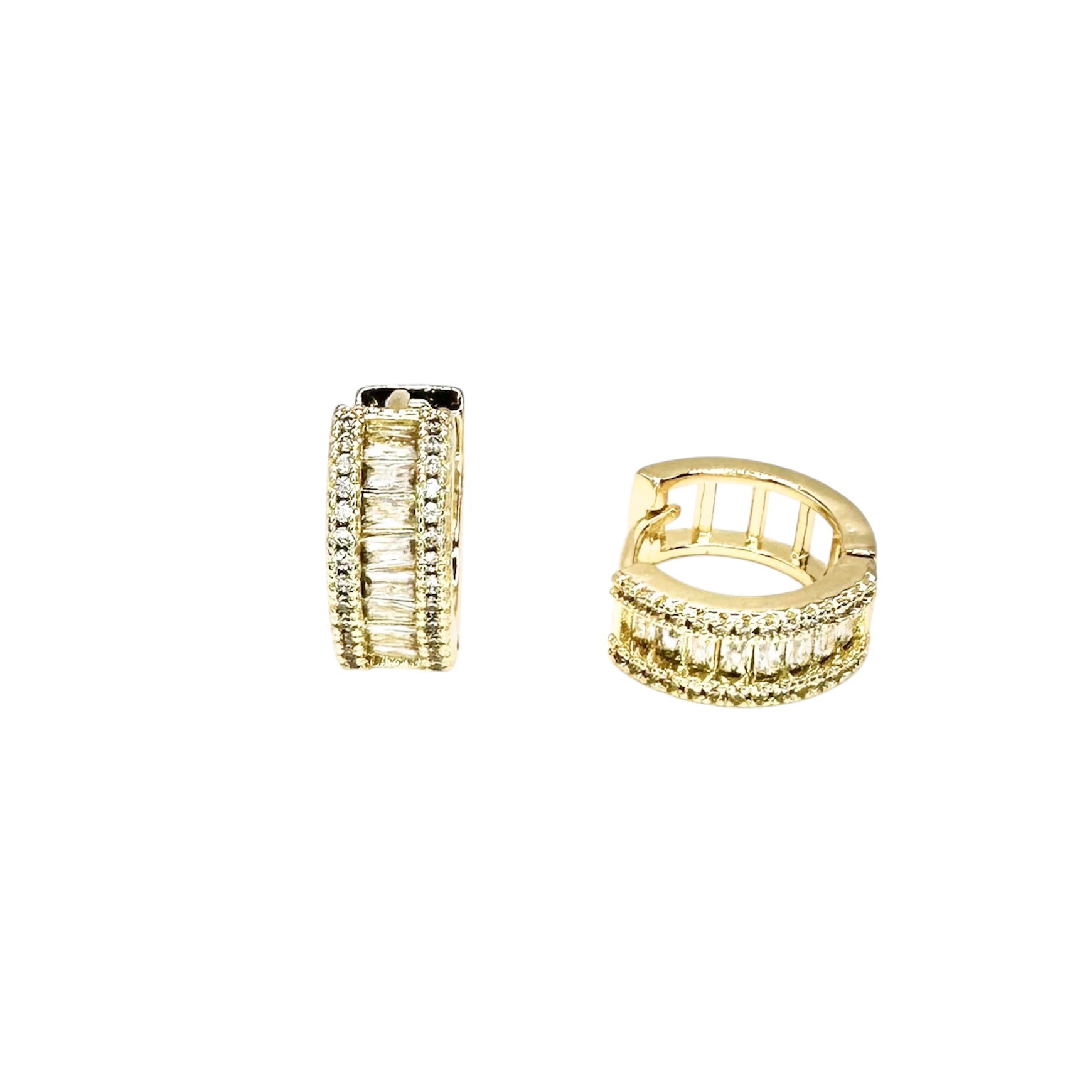 Waterproof Huggie Hoop Earrings Yellow Gold Baguette Zirconia Channel Setting Crystal Pavé Edges Art Deco