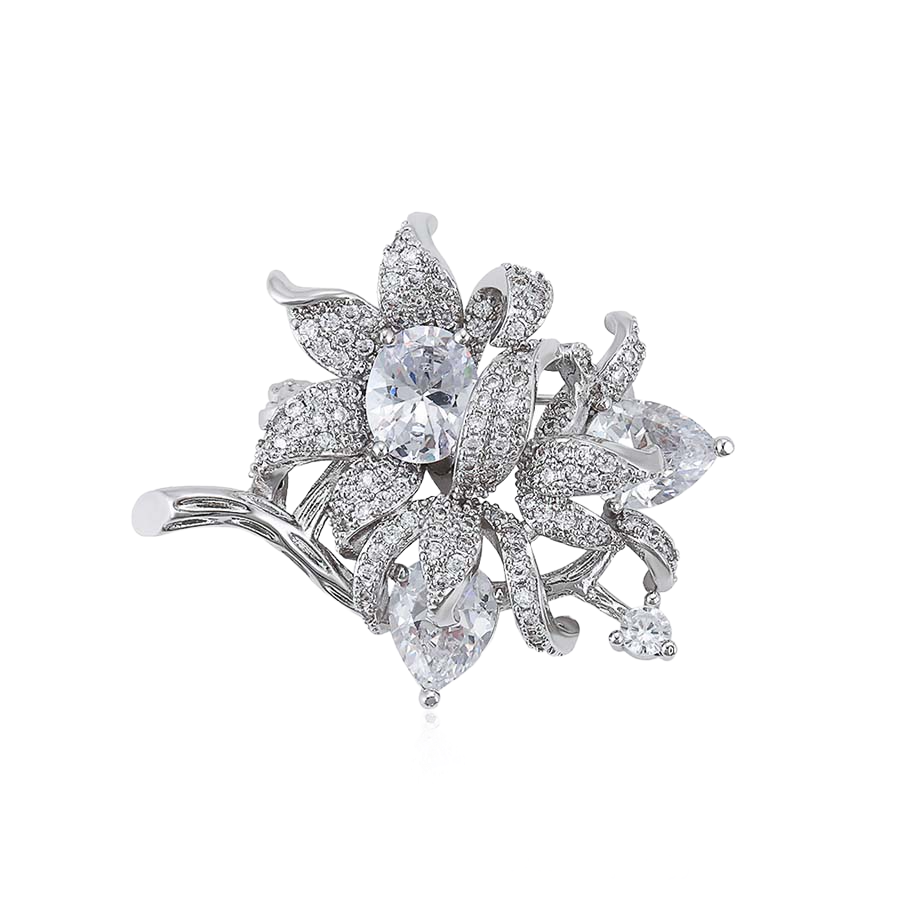 Wasserdichte Blumen-Brosche mit Zirkonia, silberfarben
