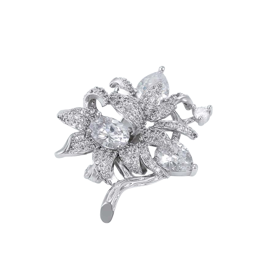 Wasserdichte Blumen-Brosche mit Zirkonia, silberfarben
