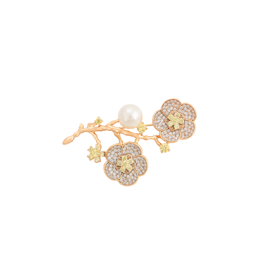 Wasserdichte Blumen-Brosche mit Perle und Zirkonia, goldfarben