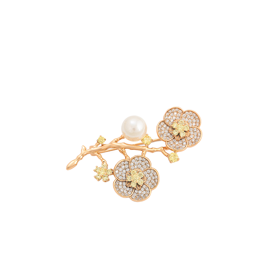 Wasserdichte Blumen-Brosche mit Perle und Zirkonia, goldfarben