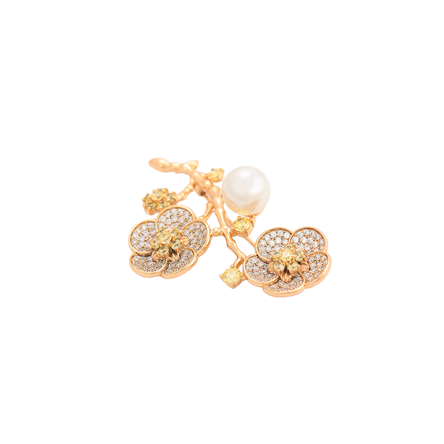 Wasserdichte Blumen-Brosche mit Perle und Zirkonia, goldfarben